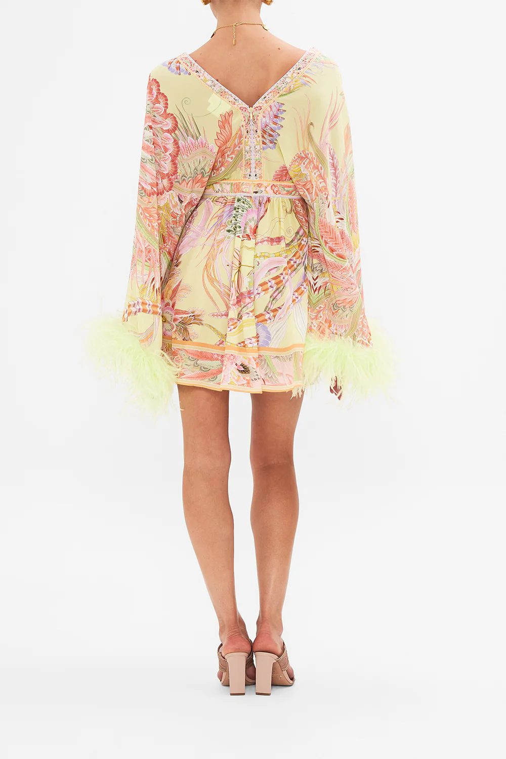 GATHERED KIMONO MINI DRESS WITH FEATHERS COSMIC TUSCAN - Image 2