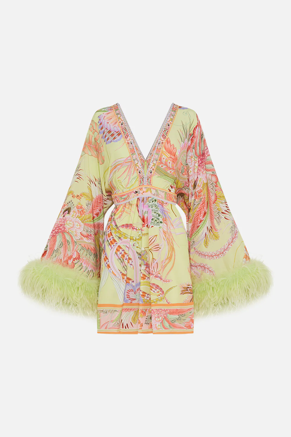 GATHERED KIMONO MINI DRESS WITH FEATHERS COSMIC TUSCAN - Image 3