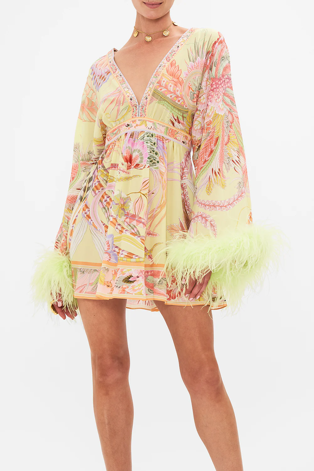 GATHERED KIMONO MINI DRESS WITH FEATHERS COSMIC TUSCAN - Image 5