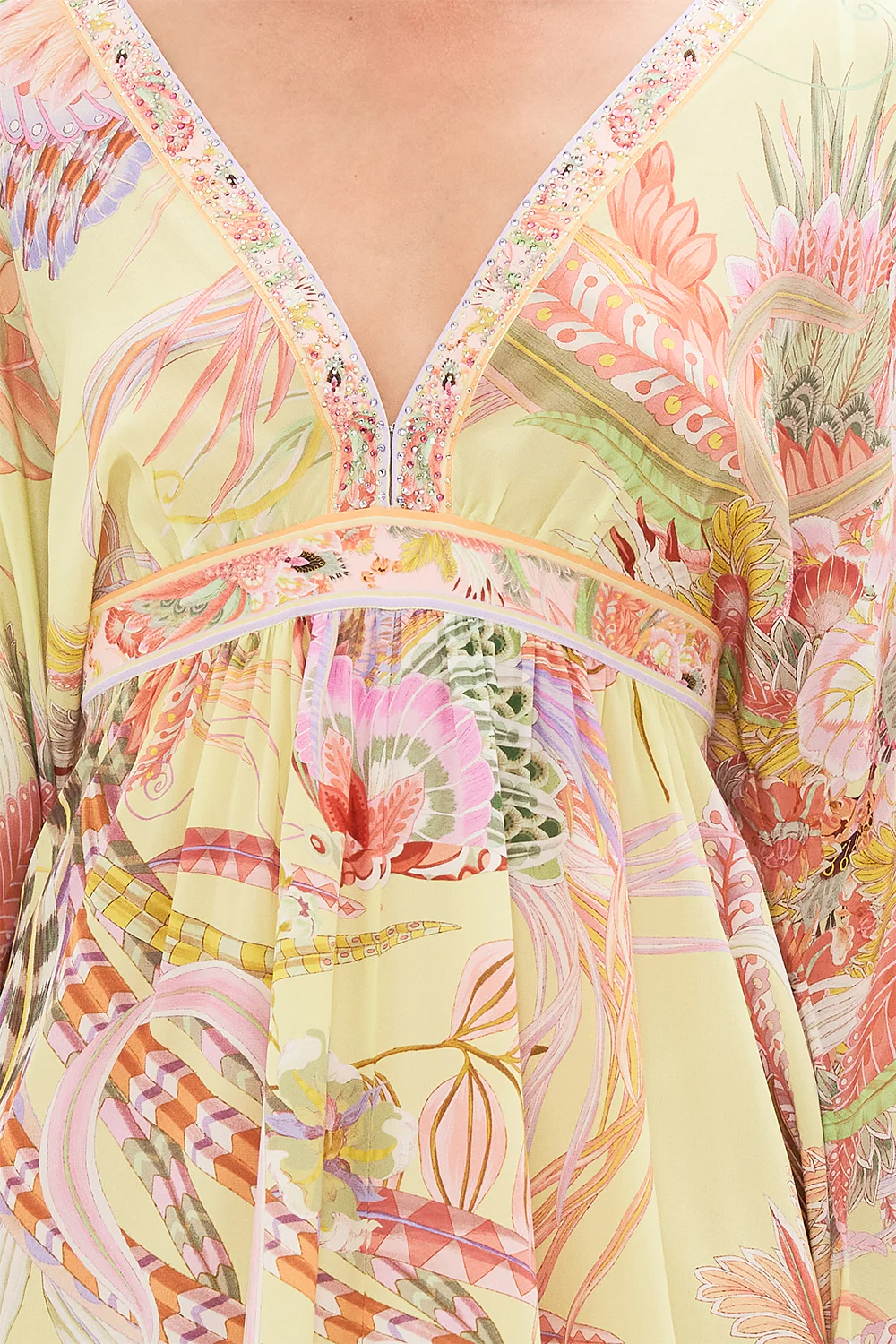 GATHERED KIMONO MINI DRESS WITH FEATHERS COSMIC TUSCAN - Image 6
