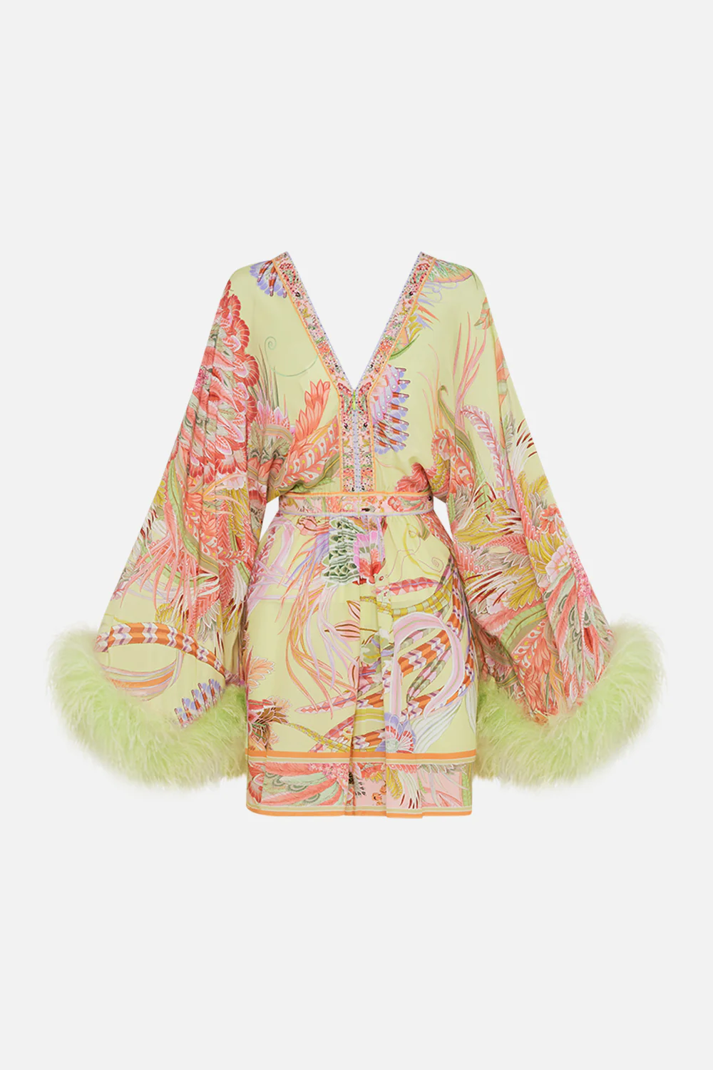 GATHERED KIMONO MINI DRESS WITH FEATHERS COSMIC TUSCAN - Image 7