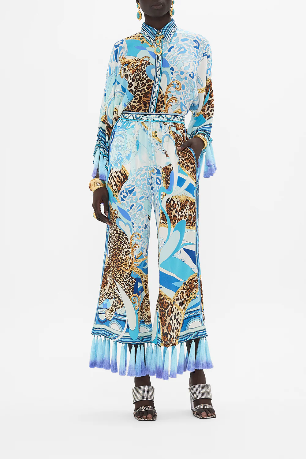 CROPPED LOUNGE PANT WITH OMBRE SILK TASSELS SKY CHEETAH