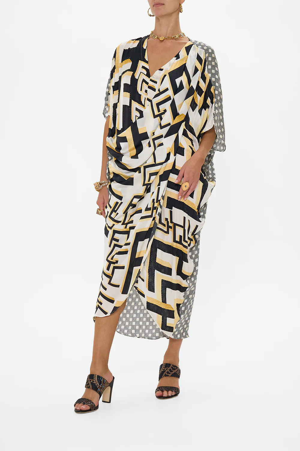 V NECK GATHERED SHOULDER DRAPED KAFTAN TEMPLES OF DENDARA - Image 4