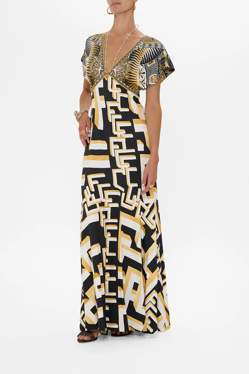 V NECK HARDWARE DRESS WITH NECK TIE TEMPLES OF DENDARA - Image 4