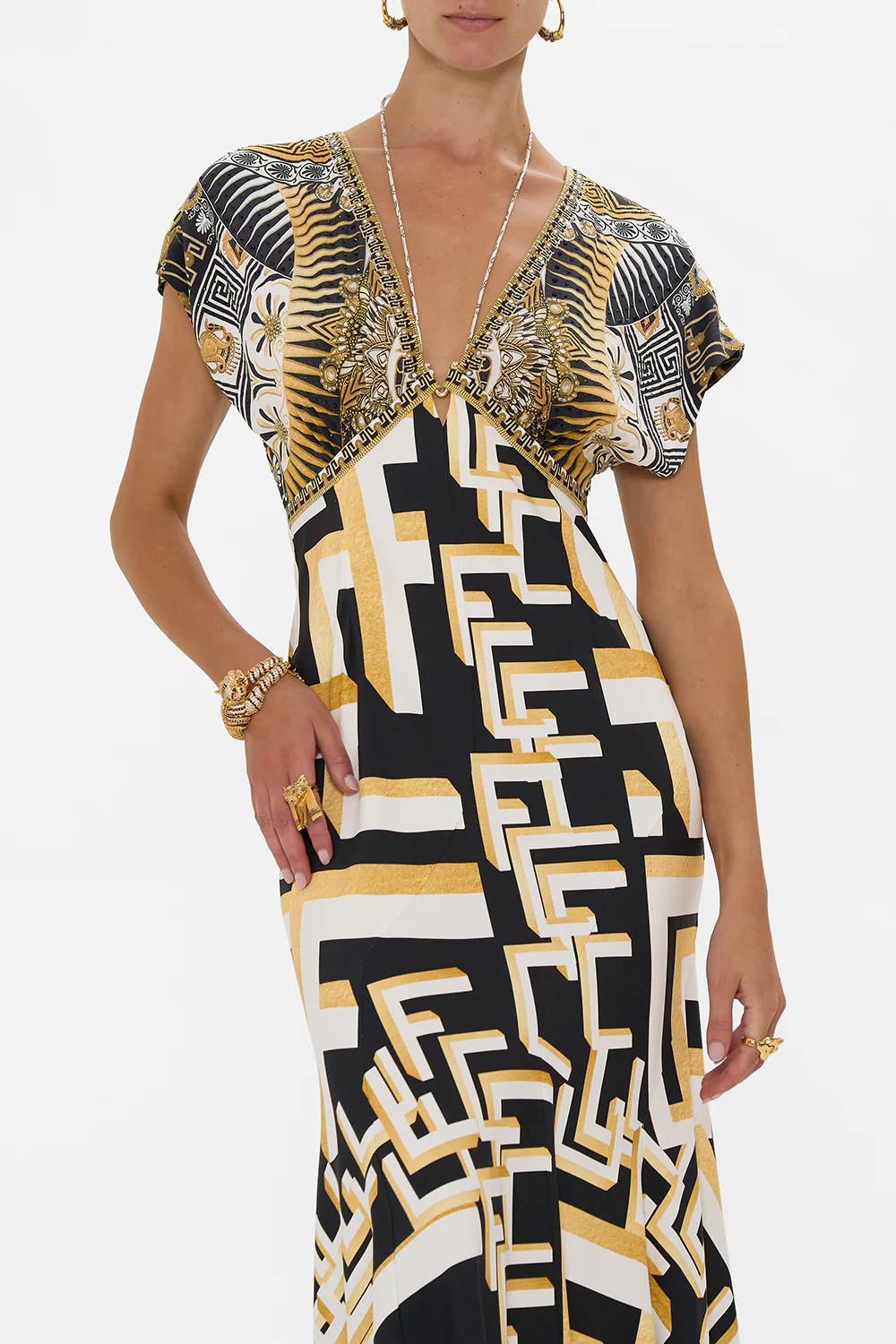 V NECK HARDWARE DRESS WITH NECK TIE TEMPLES OF DENDARA - Image 5