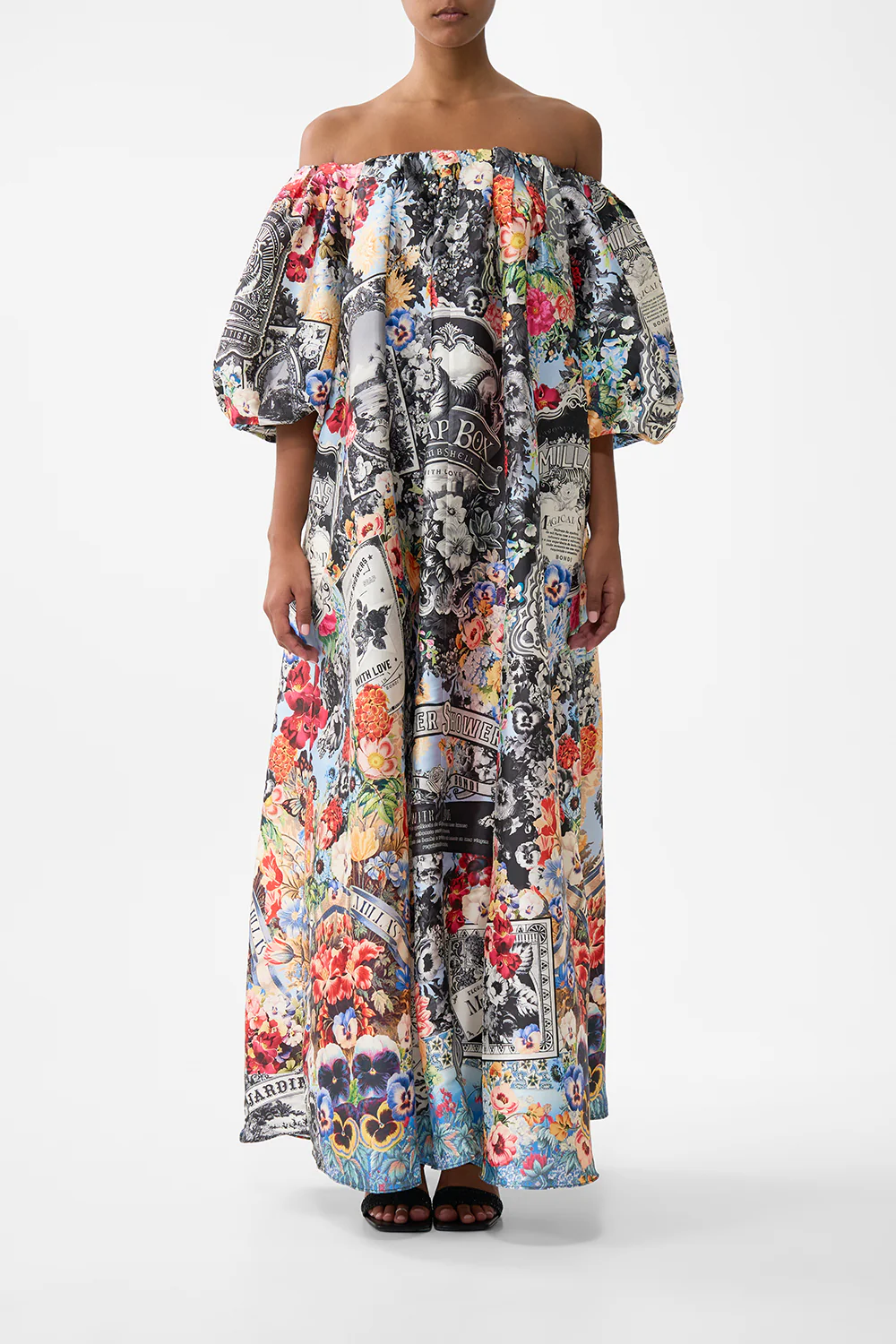 OFF SHOULDER LONG PUFF DRESS FLOWER SHOWERS