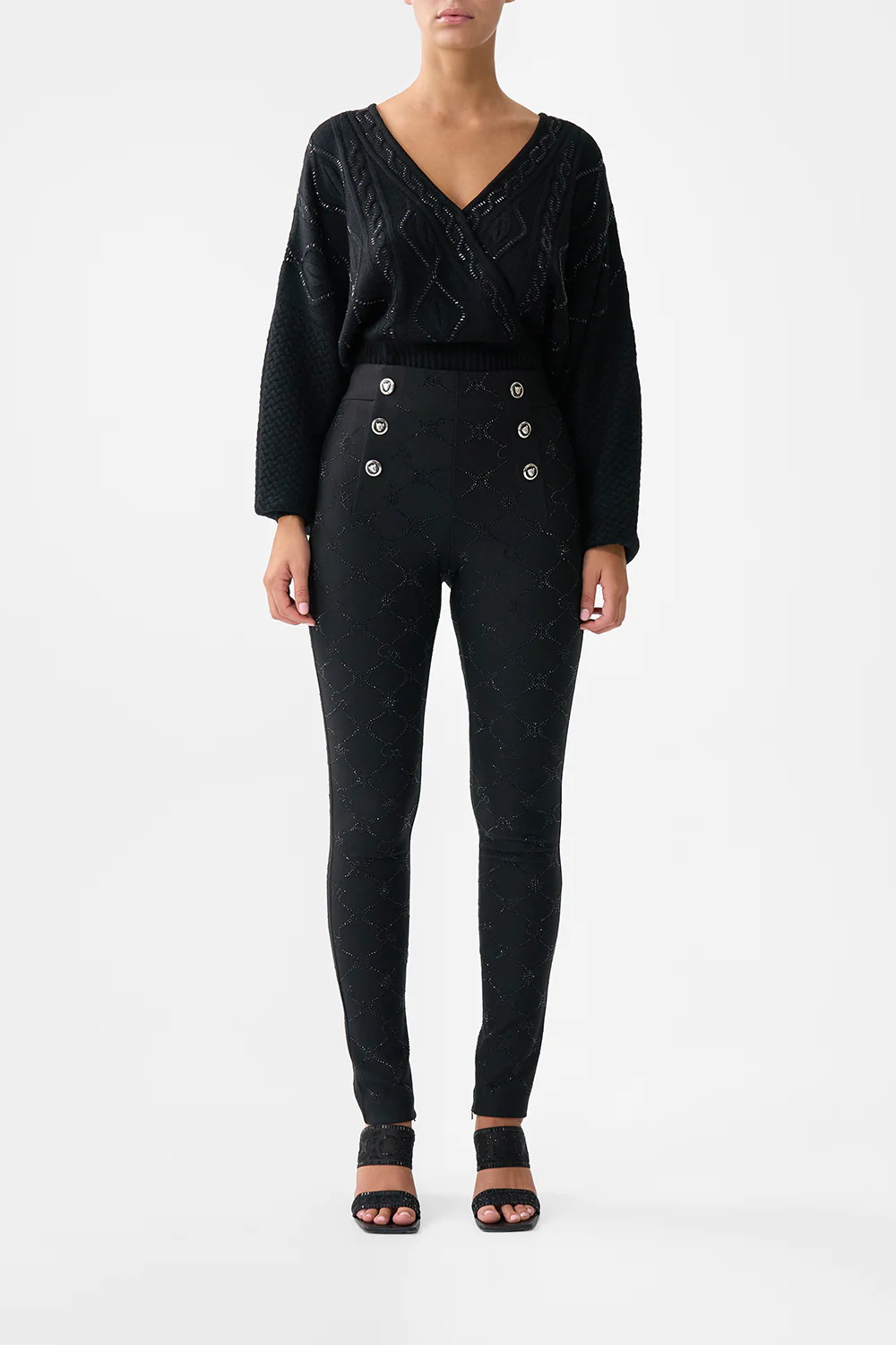 BUTTON EMBELLISHED PONTE PANT SOLID BLACK