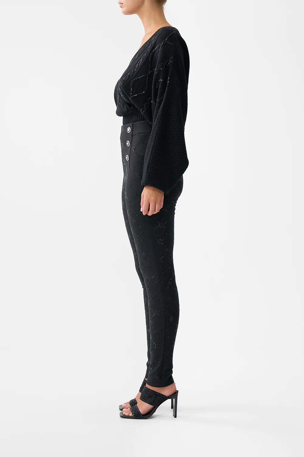 BUTTON EMBELLISHED PONTE PANT SOLID BLACK - Image 4