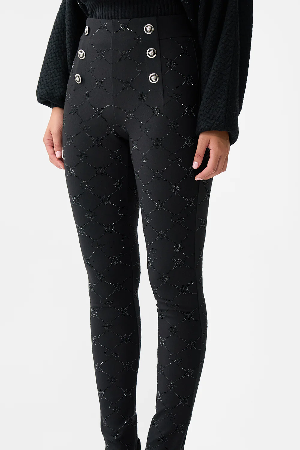 BUTTON EMBELLISHED PONTE PANT SOLID BLACK - Image 5