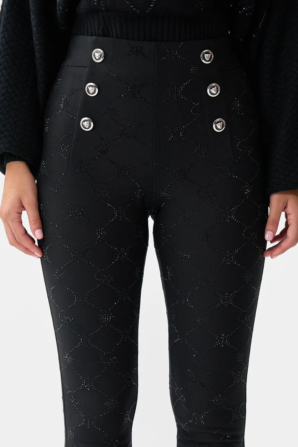 BUTTON EMBELLISHED PONTE PANT SOLID BLACK - Image 6