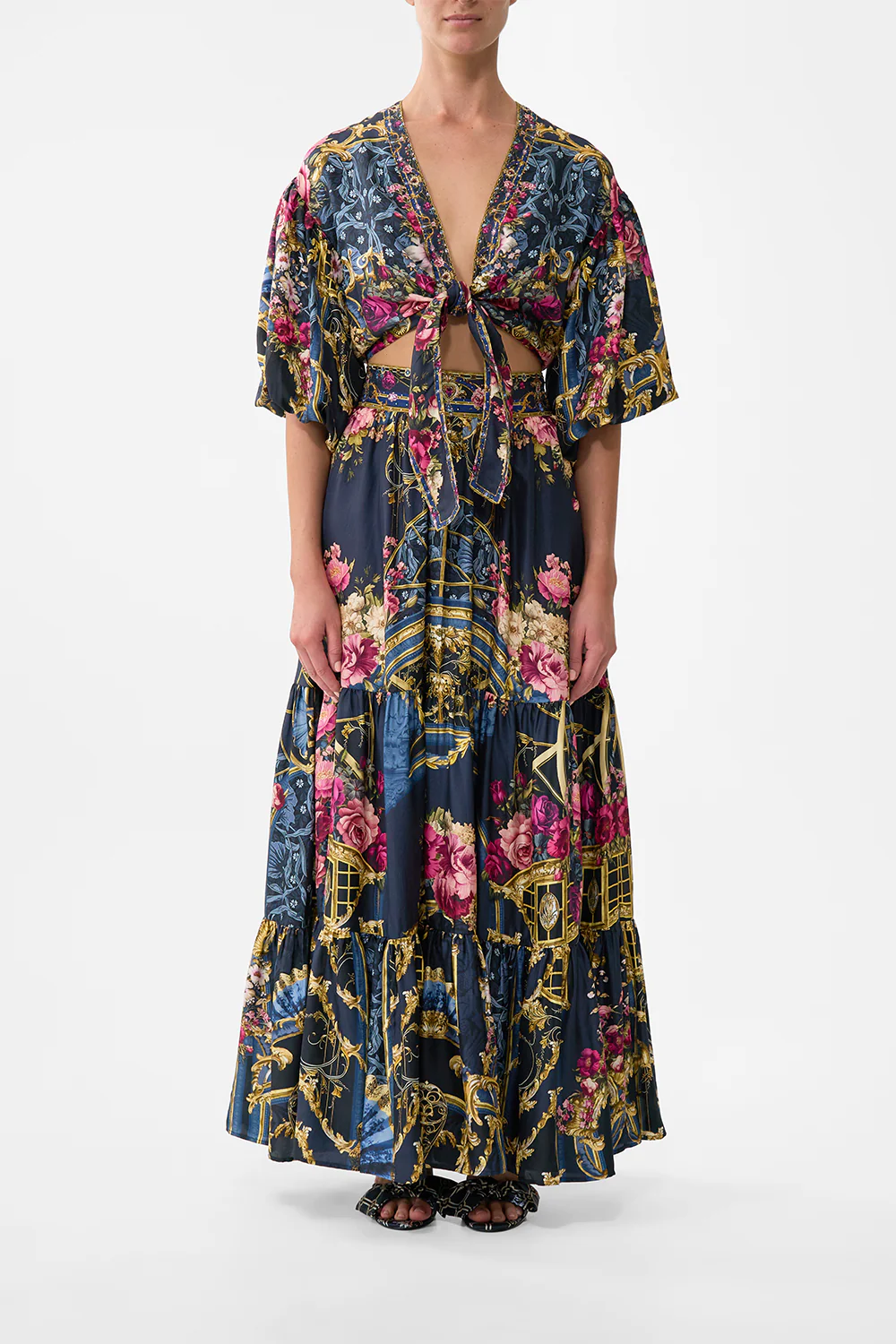 TIE FRONT PUFF SLEEVE TOP ORNATE ON A PLATE