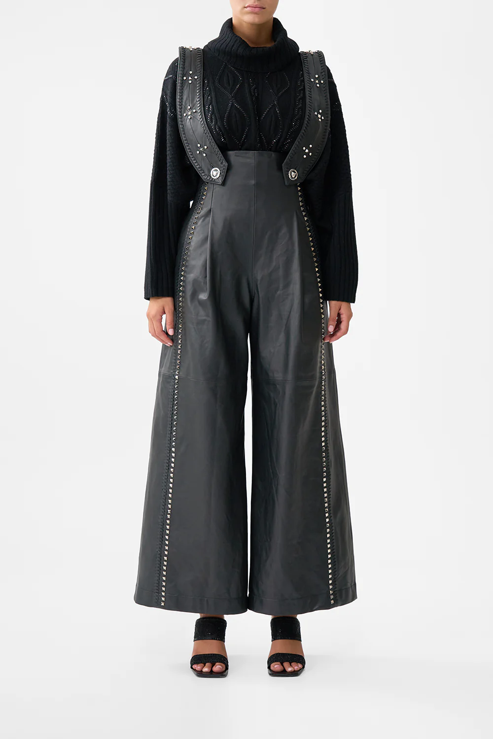 LEATHER PLEATED WIDE LEG JUMPSUIT SOLID BLACK
