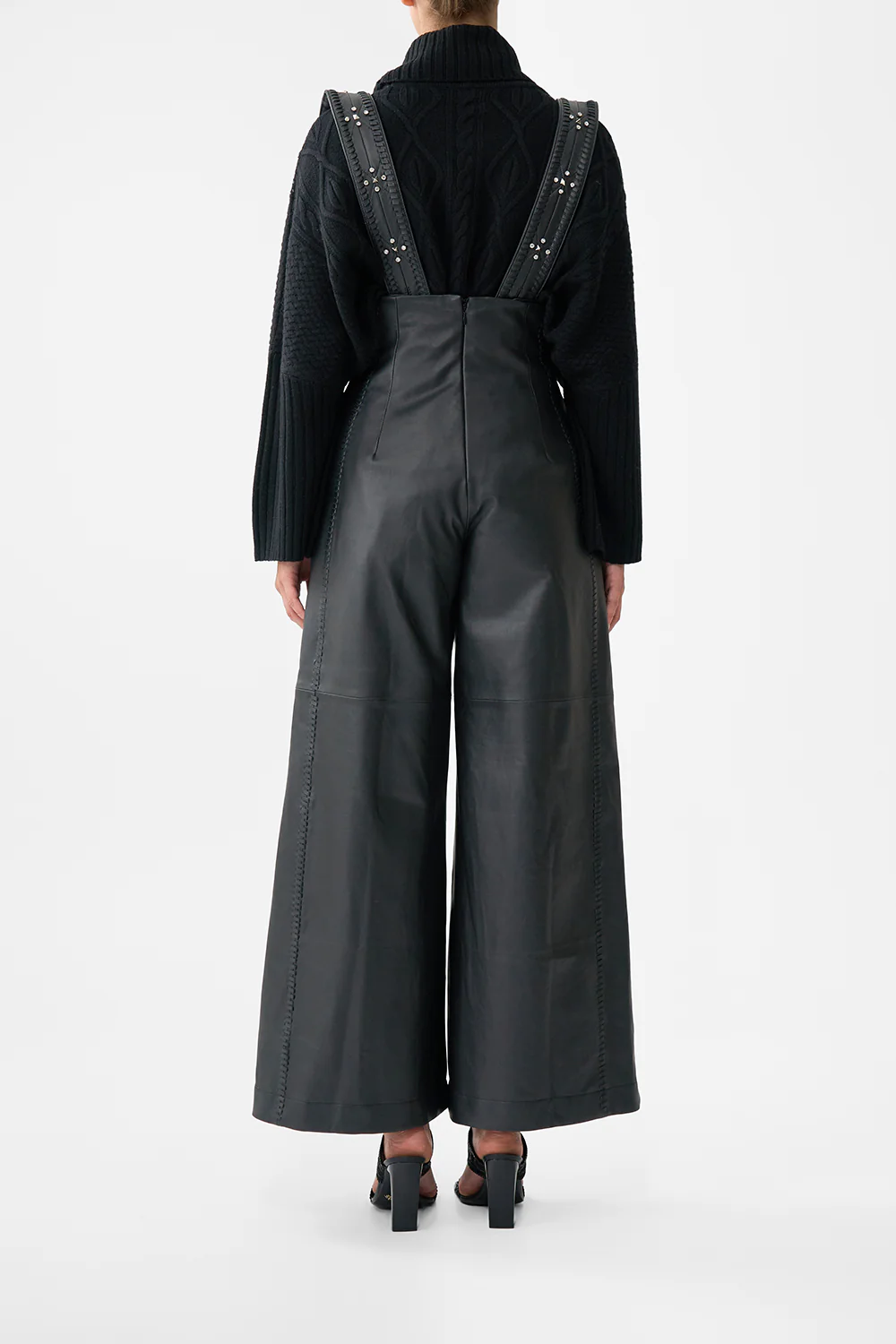 LEATHER PLEATED WIDE LEG JUMPSUIT SOLID BLACK - Image 2