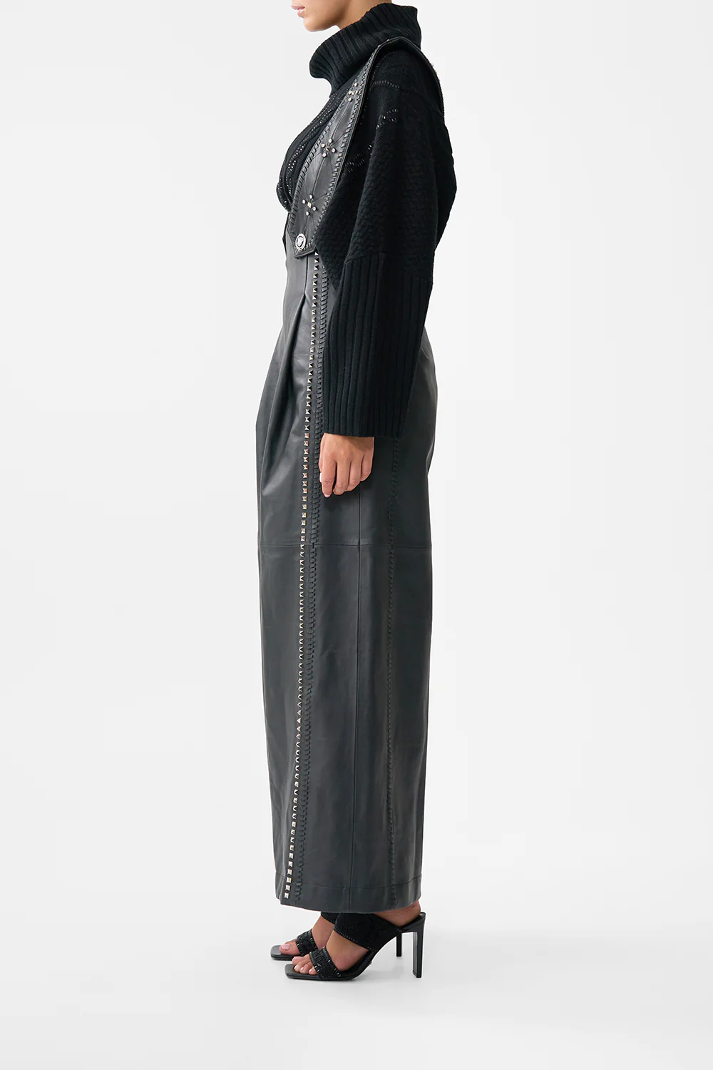 LEATHER PLEATED WIDE LEG JUMPSUIT SOLID BLACK - Image 4