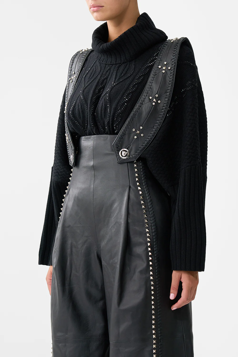 LEATHER PLEATED WIDE LEG JUMPSUIT SOLID BLACK - Image 5