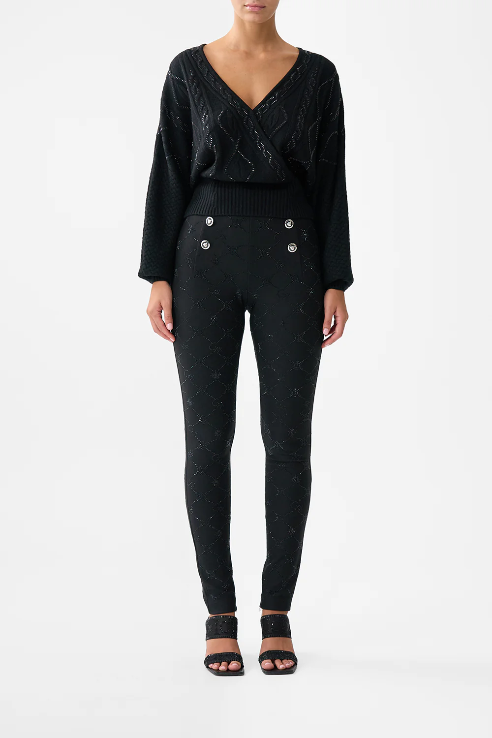 SURPLICE NECK KNIT JUMPER SOLID BLACK
