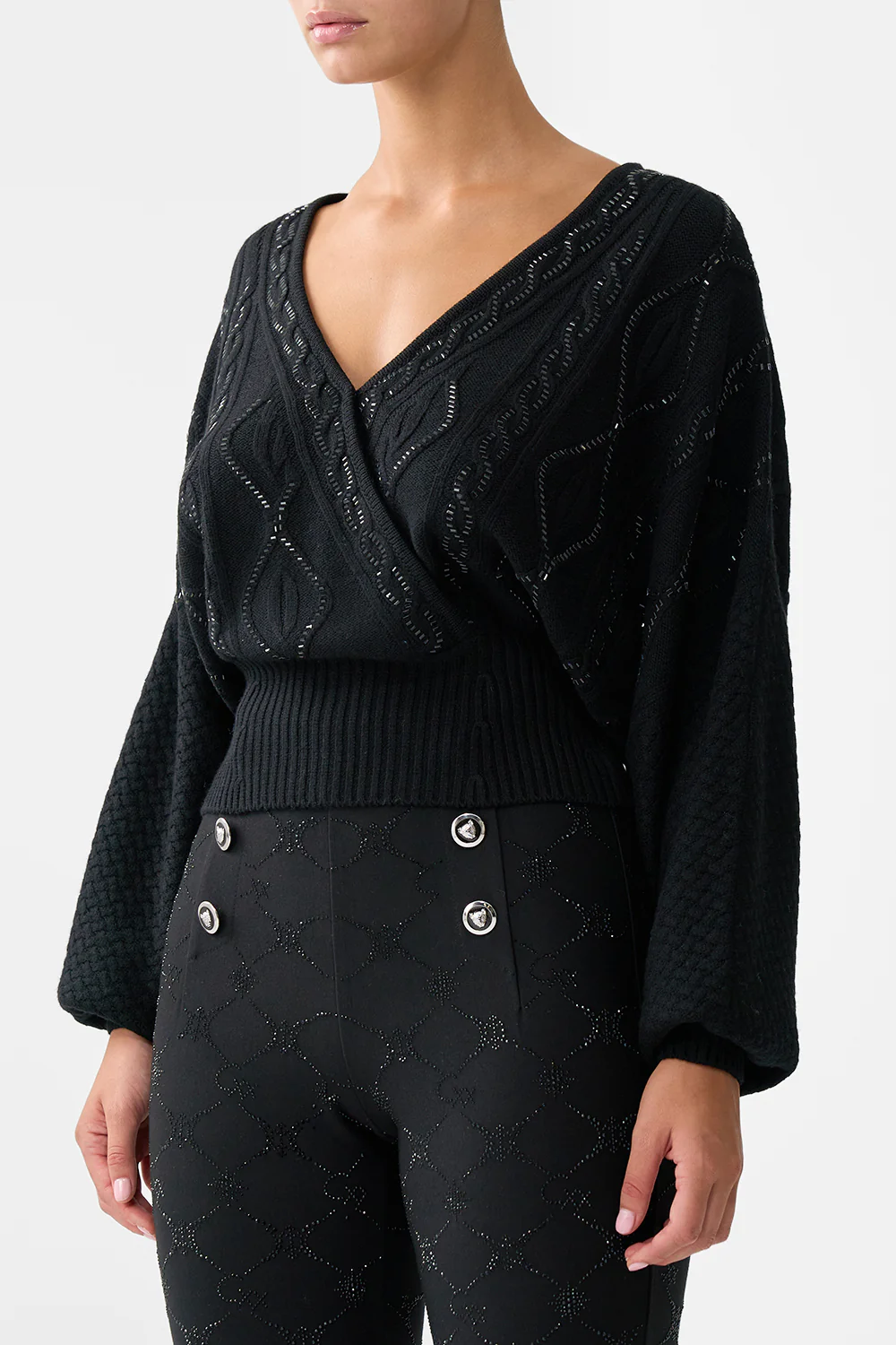 SURPLICE NECK KNIT JUMPER SOLID BLACK - Image 5