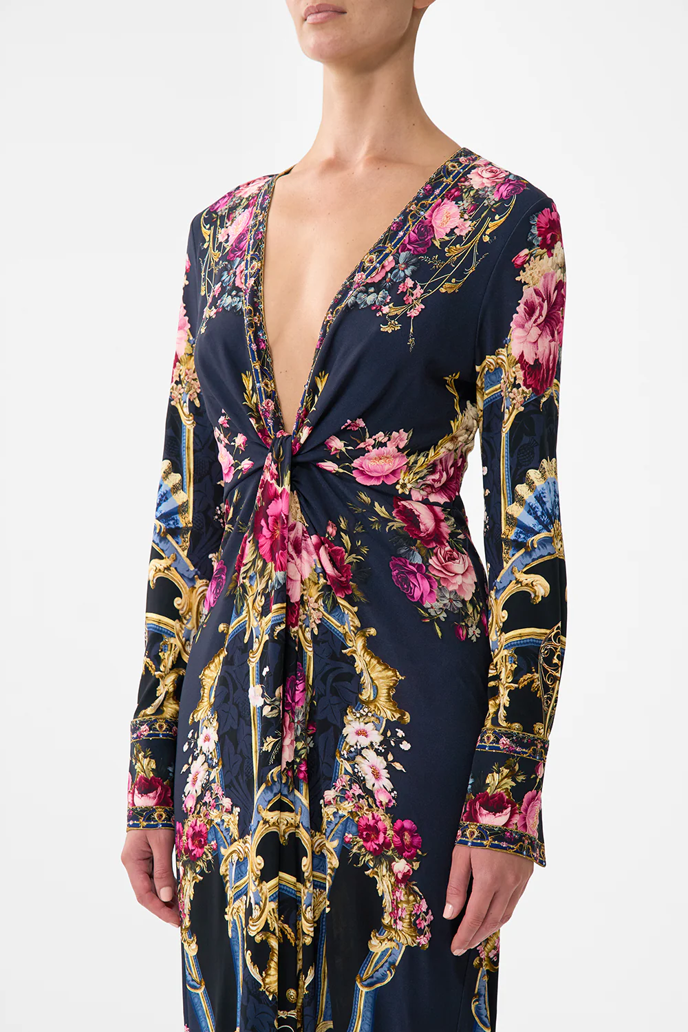 LONG V NECK TWIST FRONT JERSEY DRESS ORNATE ON A PLATE - Image 5