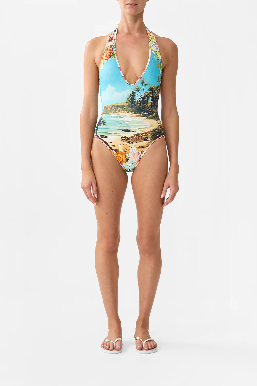REVERSIBLE BIND EDGE V NECK HALTER ONE PIECE BATHING BOMBSHELL