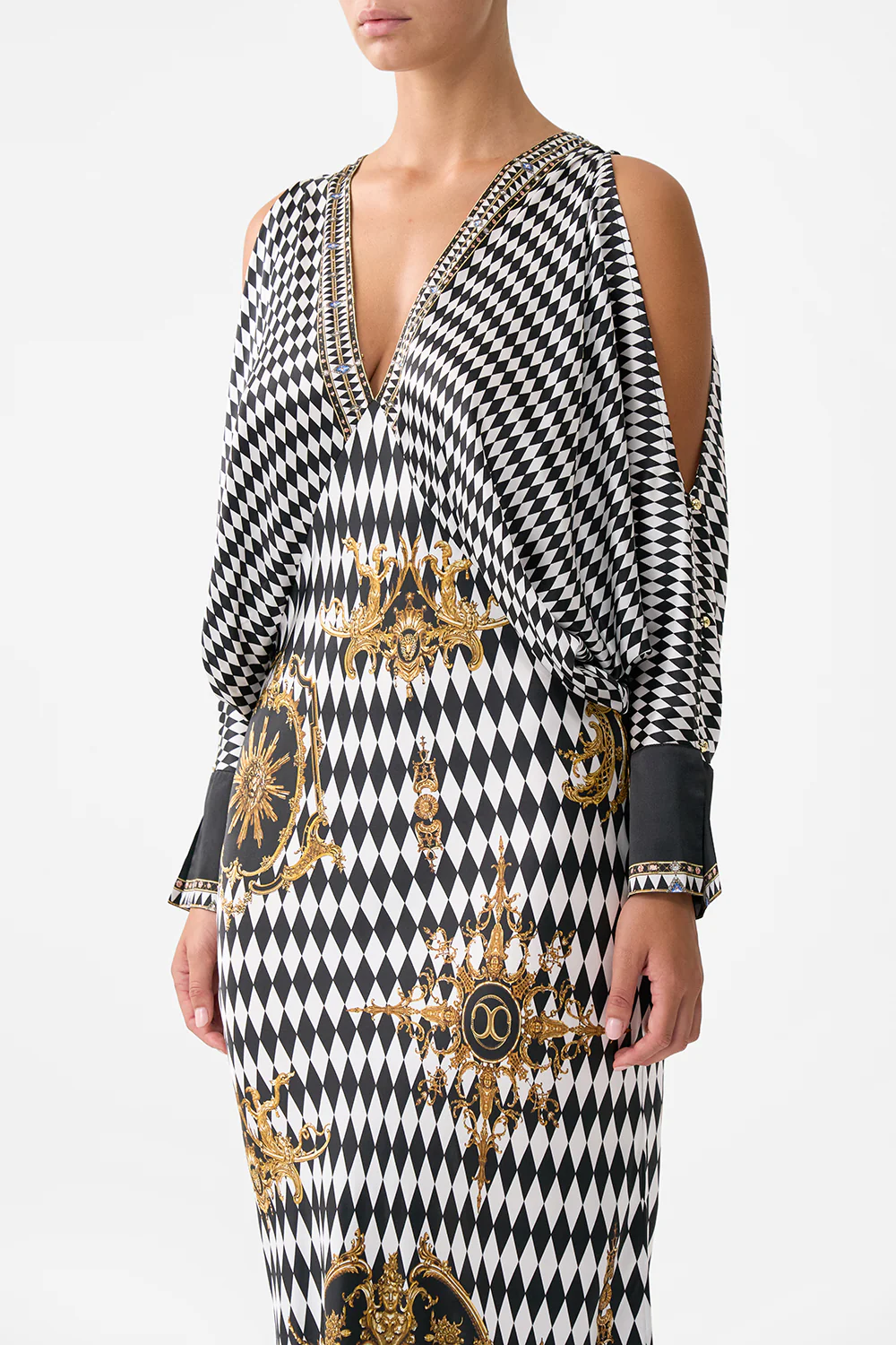 PLUNGE NECK DRAPED SHOULDER DRESS MONARCHY MANIA - Image 5