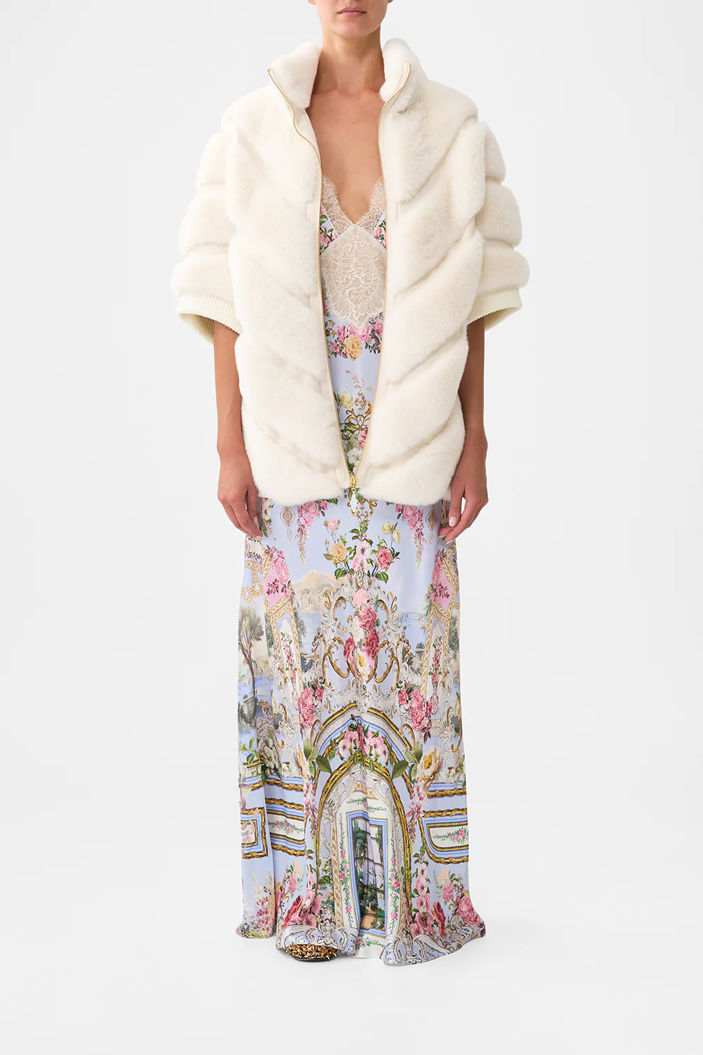 FAUX FUR SHORT SLEEVE SLOUCH JACKET TILED IN TIME