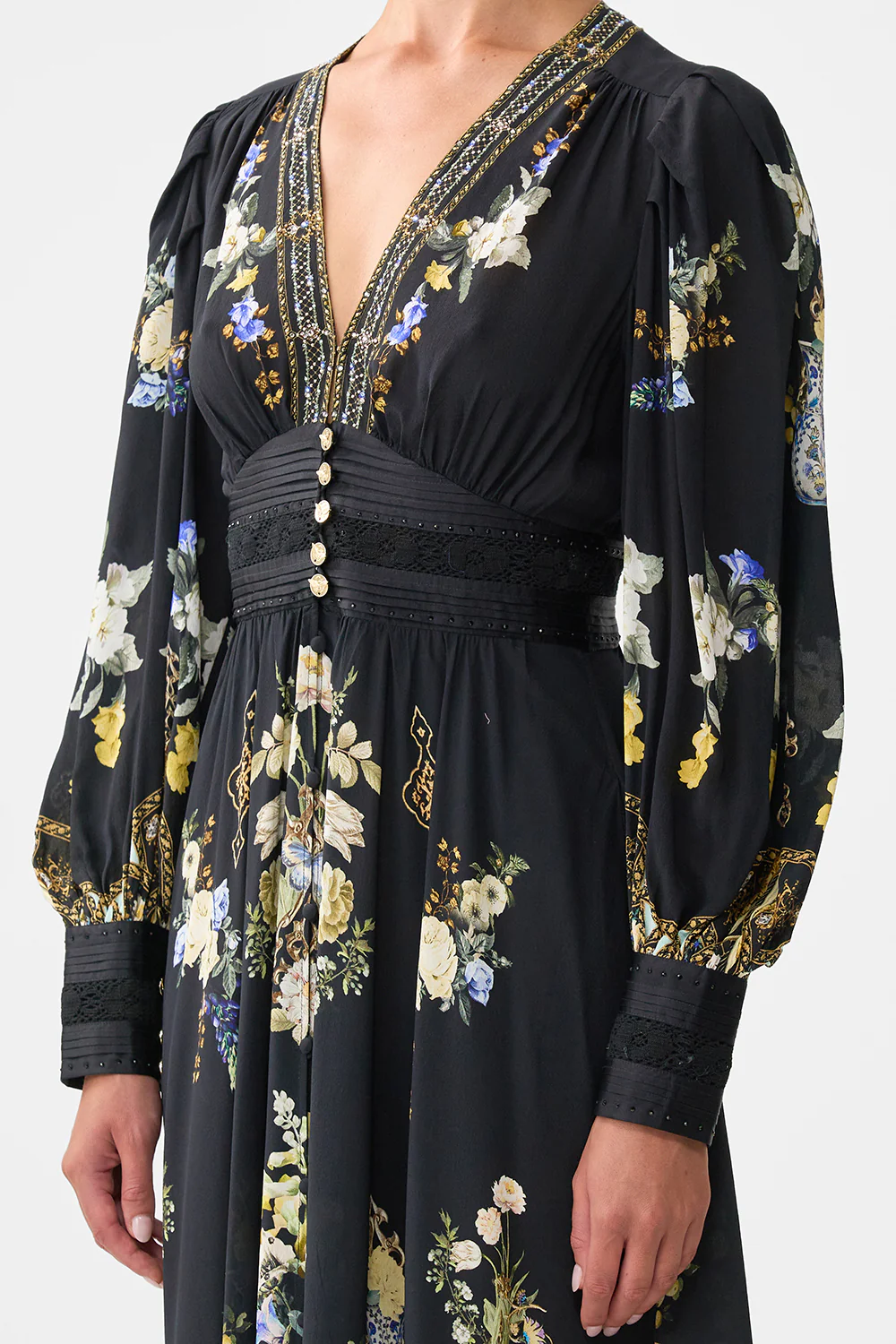 SHAPED WAISTBAND DRESS WITH GATHERED SLEEVES OTTOMAN ELEGANCE - Image 5