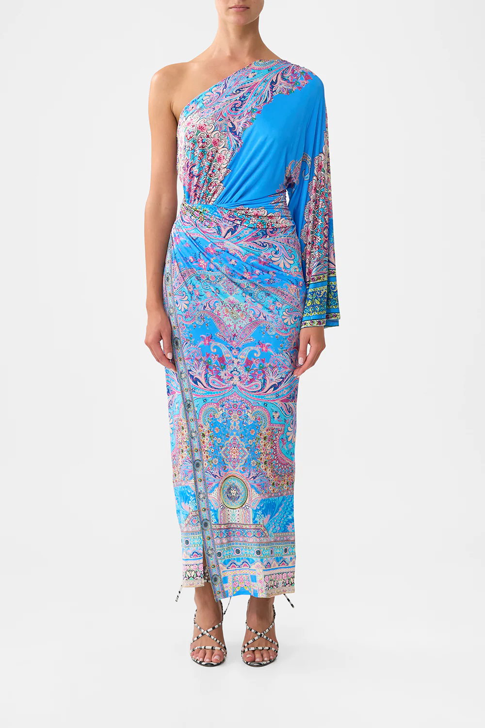ONE SHOULDER JERSEY DRESS FOOTSTEPS IN FOLKLORE