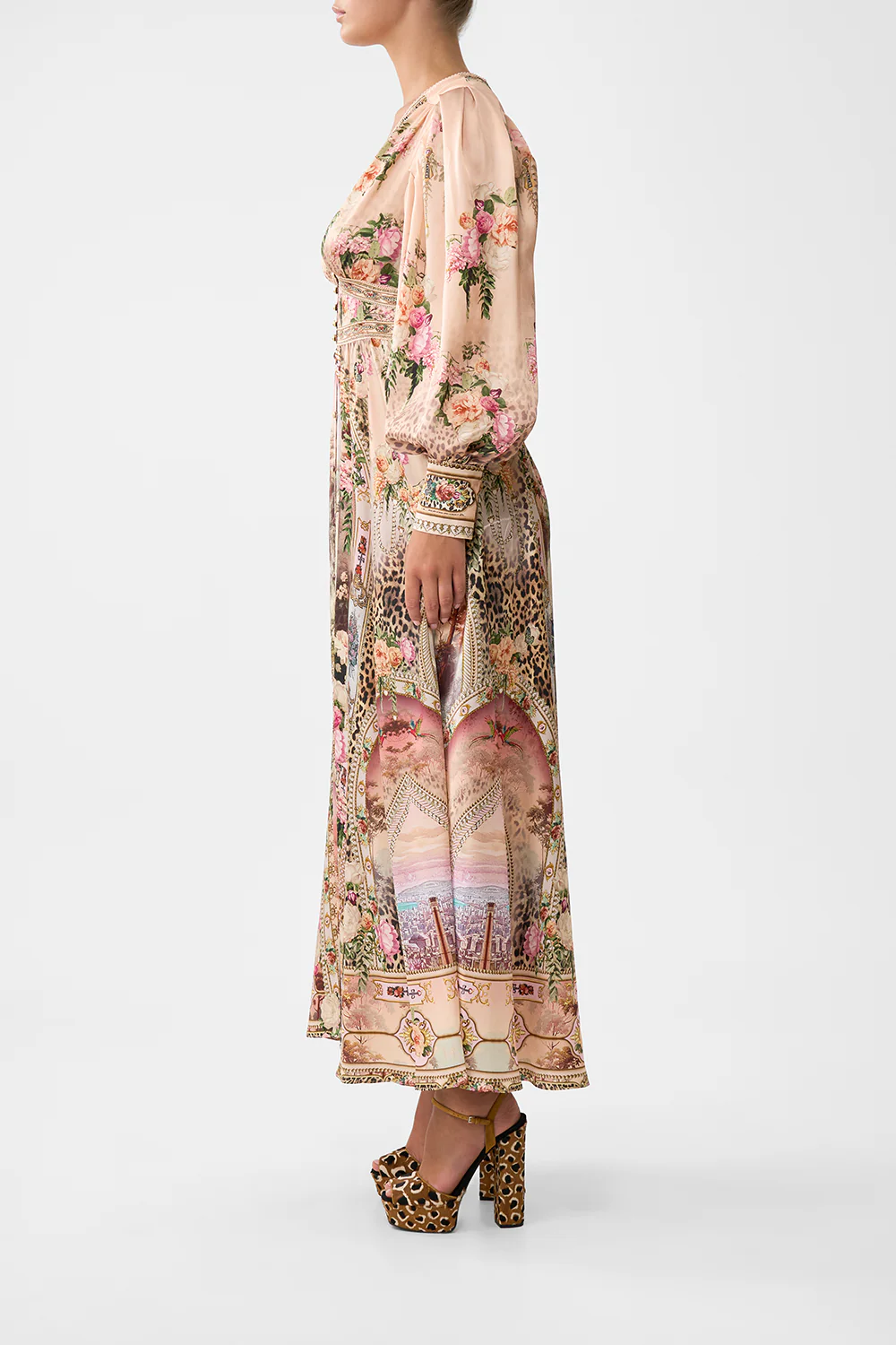 SHAPED WAISTBAND DRESS WITH GATHERED SLEEVES WATERCOLOUR WONDERLAND - Image 4