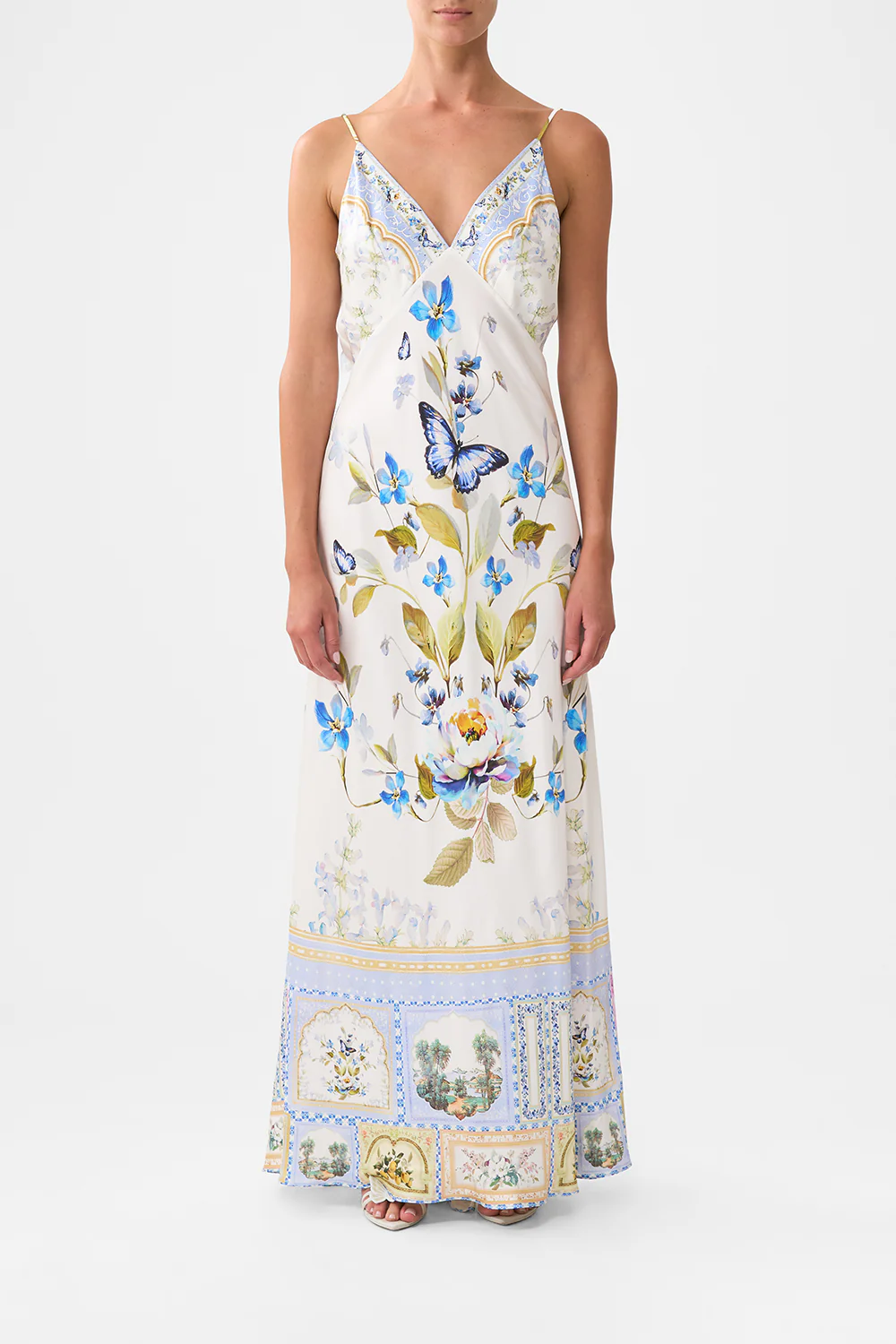 V-NECK LONG BIAS SLIP DRESS WITH TRAIN BOTANICAL BALLADS