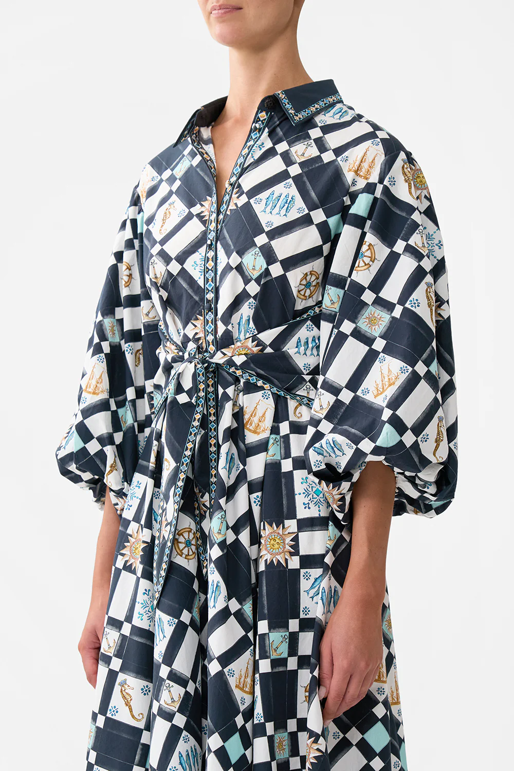 WAIST TIE SHIRT DRESS WITH BUBBLE SLEEVE FOLK AFLOAT - Image 5