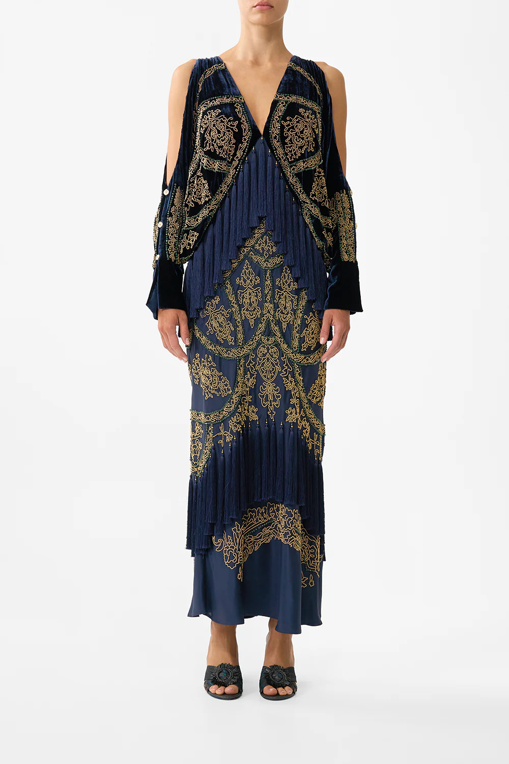 PLUNGE NECK DRAPED SHOULDER DRESS THE IMPERIAL GATE