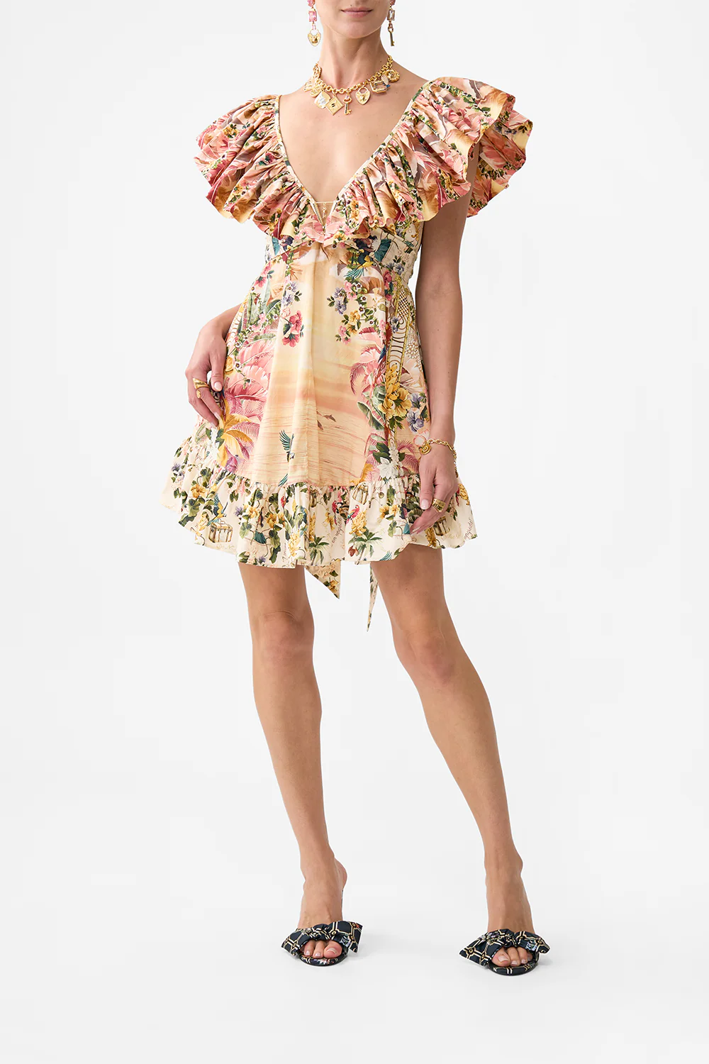 SHORT FRILL NECK DRESS WITH HARDWARE WELCOME TO THE WHITE LOTUS