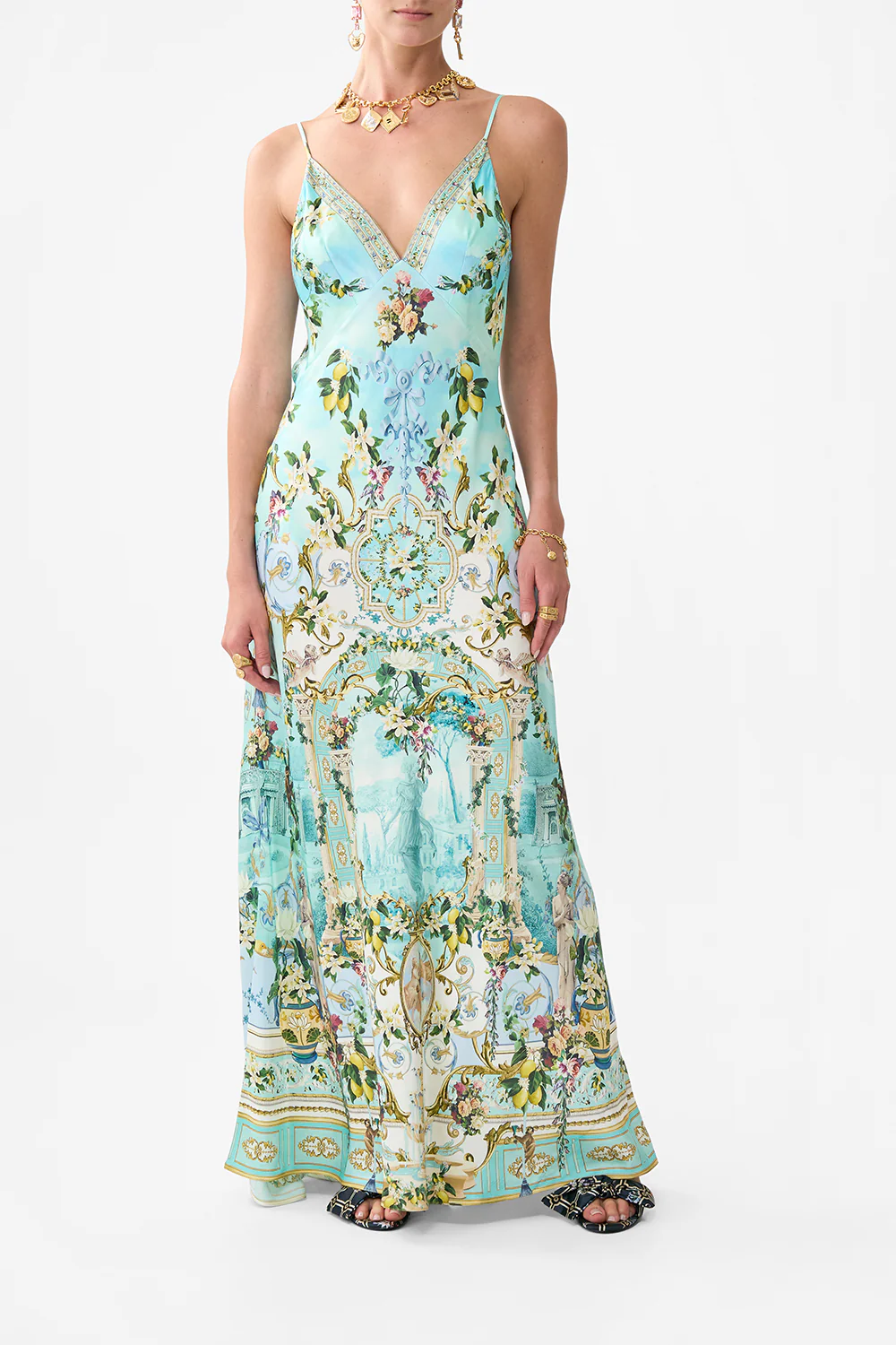 V NECK LONG BIAS SLIP DRESS WITH TRAIN VENUS ON A VESPA
