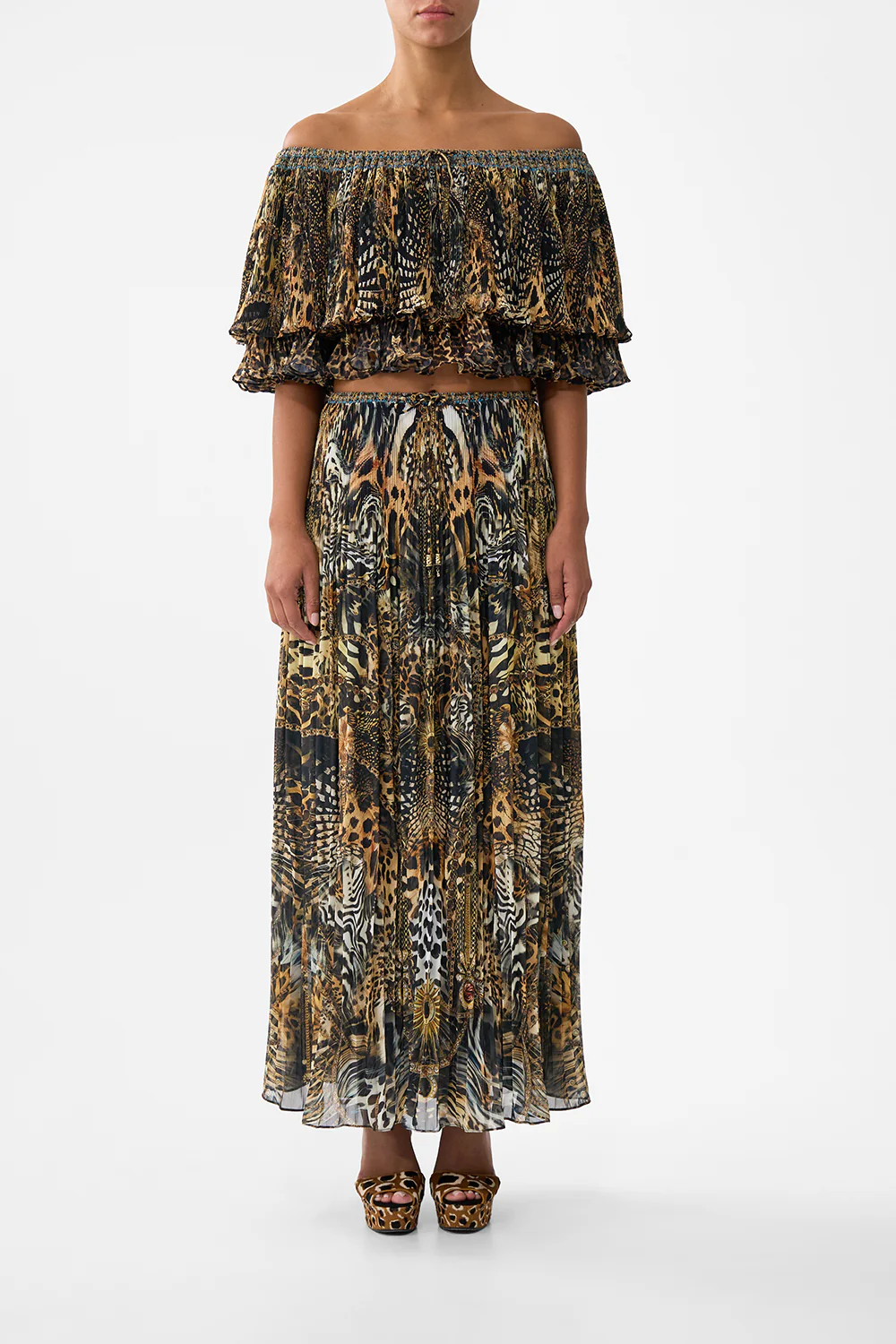 OFF SHOULDER SHORT SLEEVE PLEATED TOP FELINE FOLKLORE
