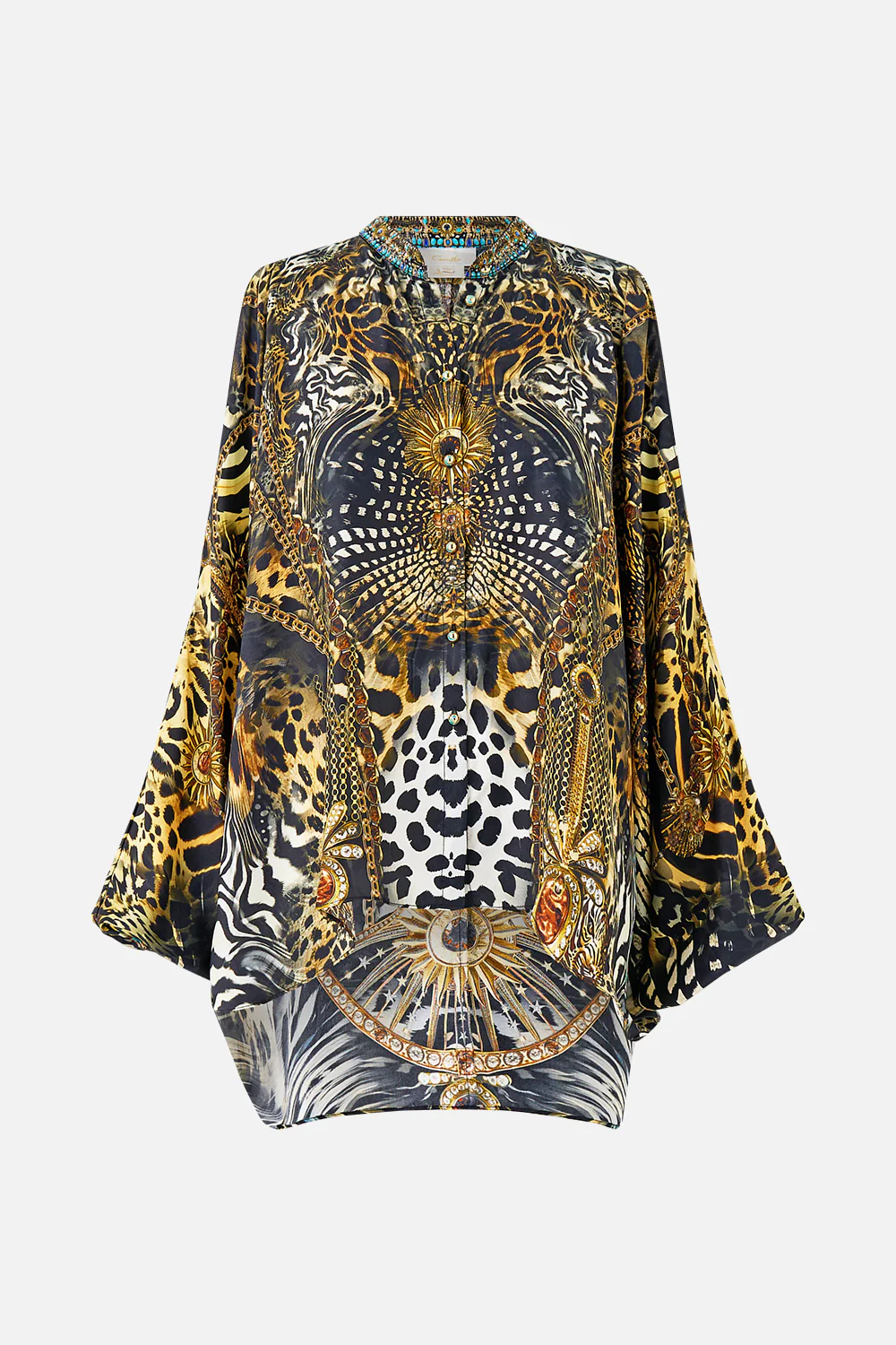 MANDARIN COLLAR COLD SHOULDER BLOUSE FELINE FOLKLORE - Image 3