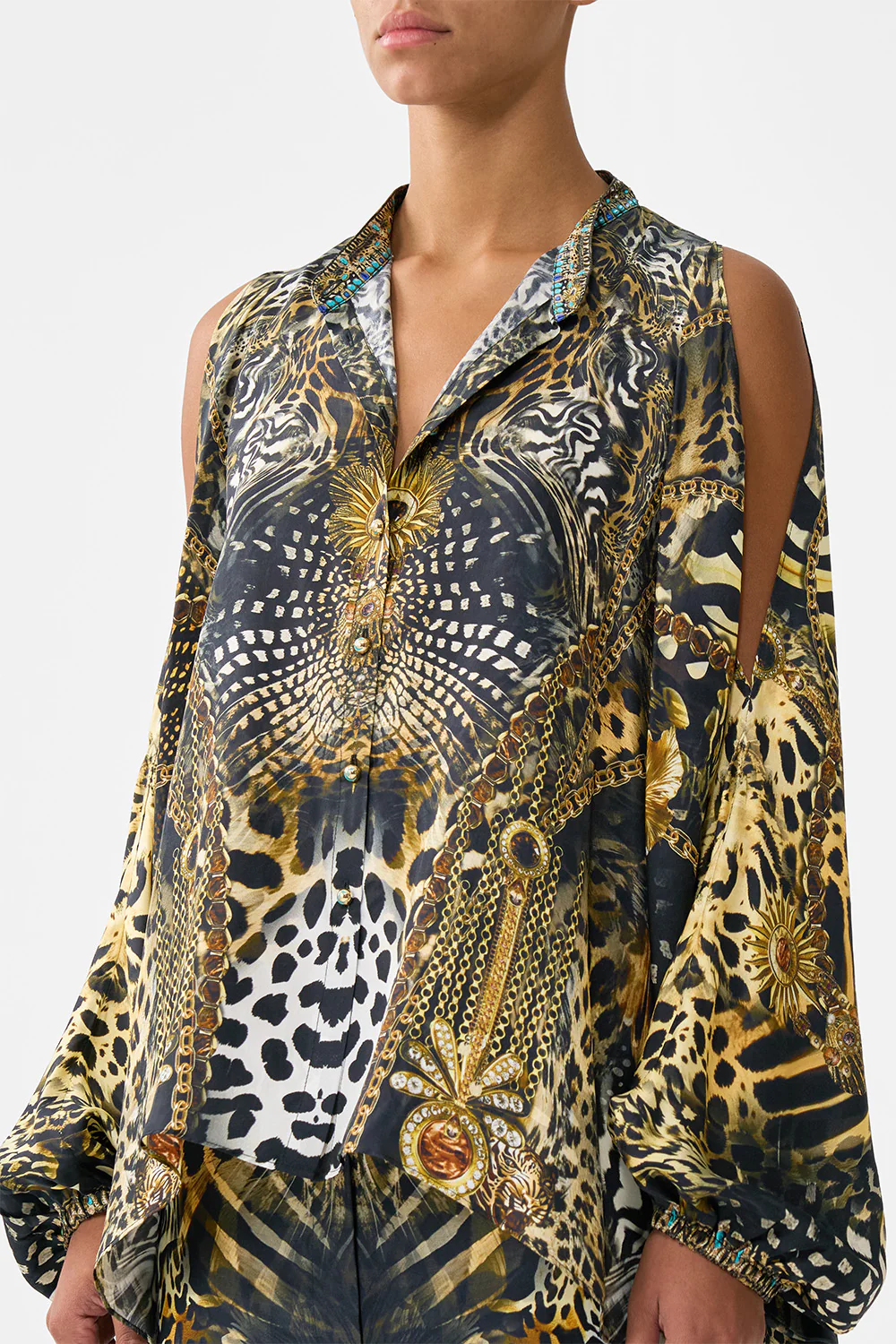 MANDARIN COLLAR COLD SHOULDER BLOUSE FELINE FOLKLORE - Image 5