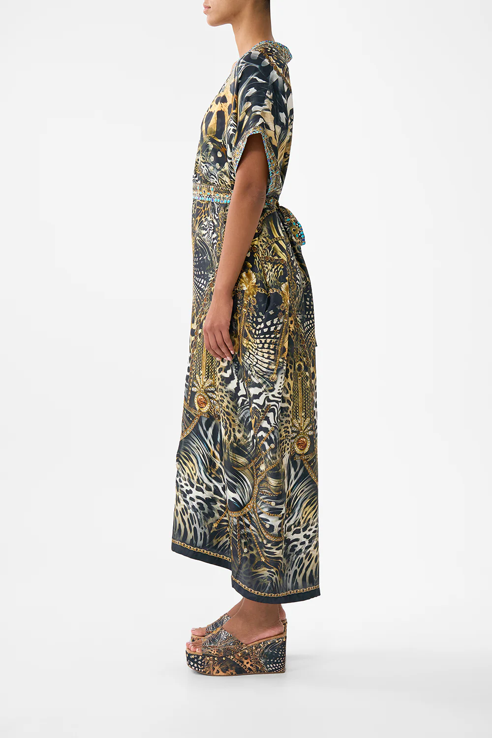 SHORT SLEEVE KAFTAN WITH TIE WAIST FELINE FOLKLORE - Image 4