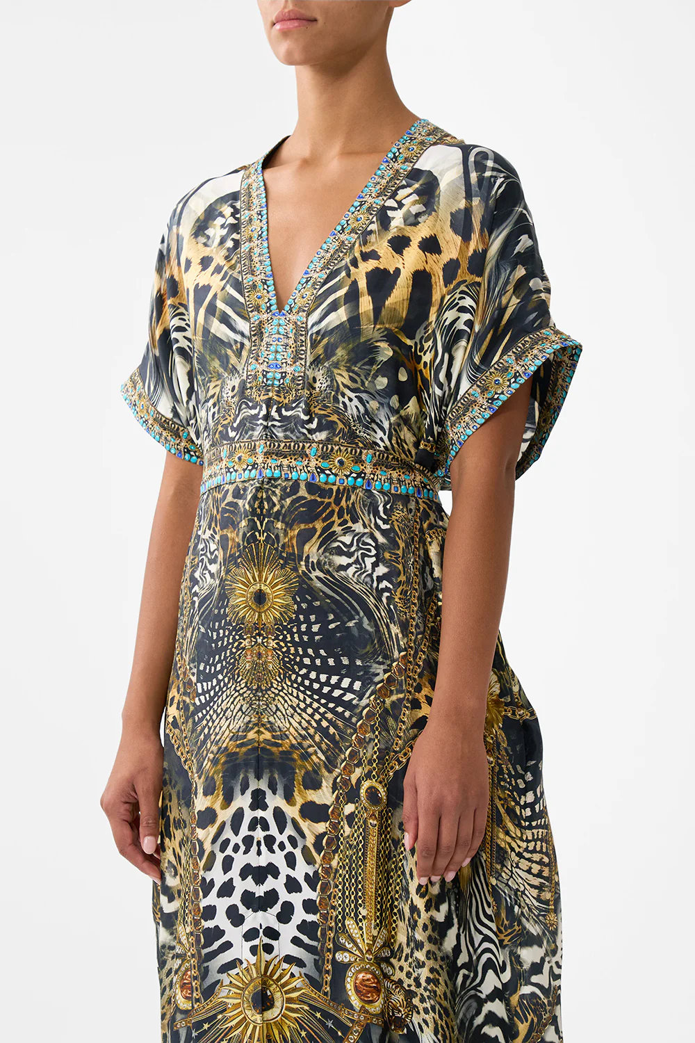 SHORT SLEEVE KAFTAN WITH TIE WAIST FELINE FOLKLORE - Image 5