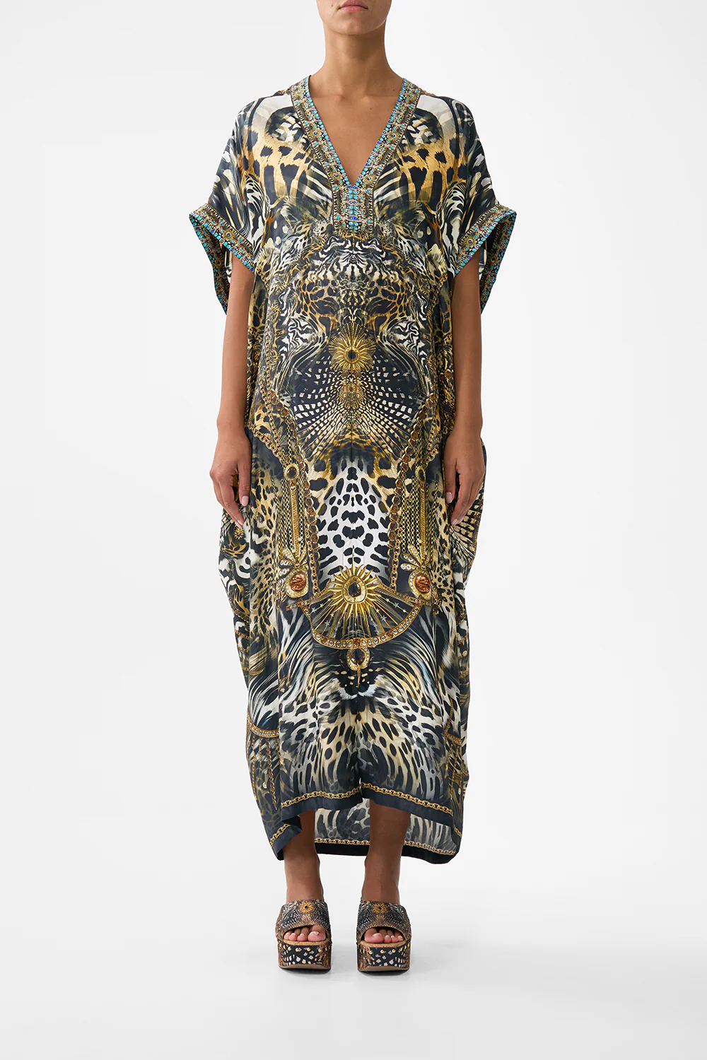SHORT SLEEVE KAFTAN WITH TIE WAIST FELINE FOLKLORE - Image 6