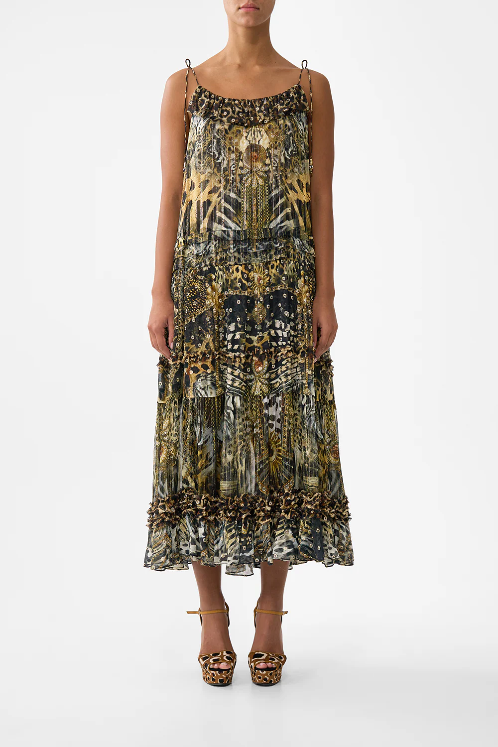 GATHERED TIERED DRESS WITH FRILL DETAIL FELINE FOLKLORE