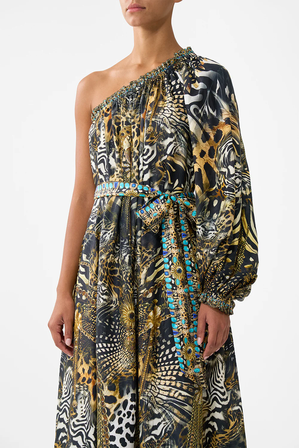 ONE SHOULDER DRESS WITH BLOUSON SLEEVE FELINE FOLKLORE - Image 5