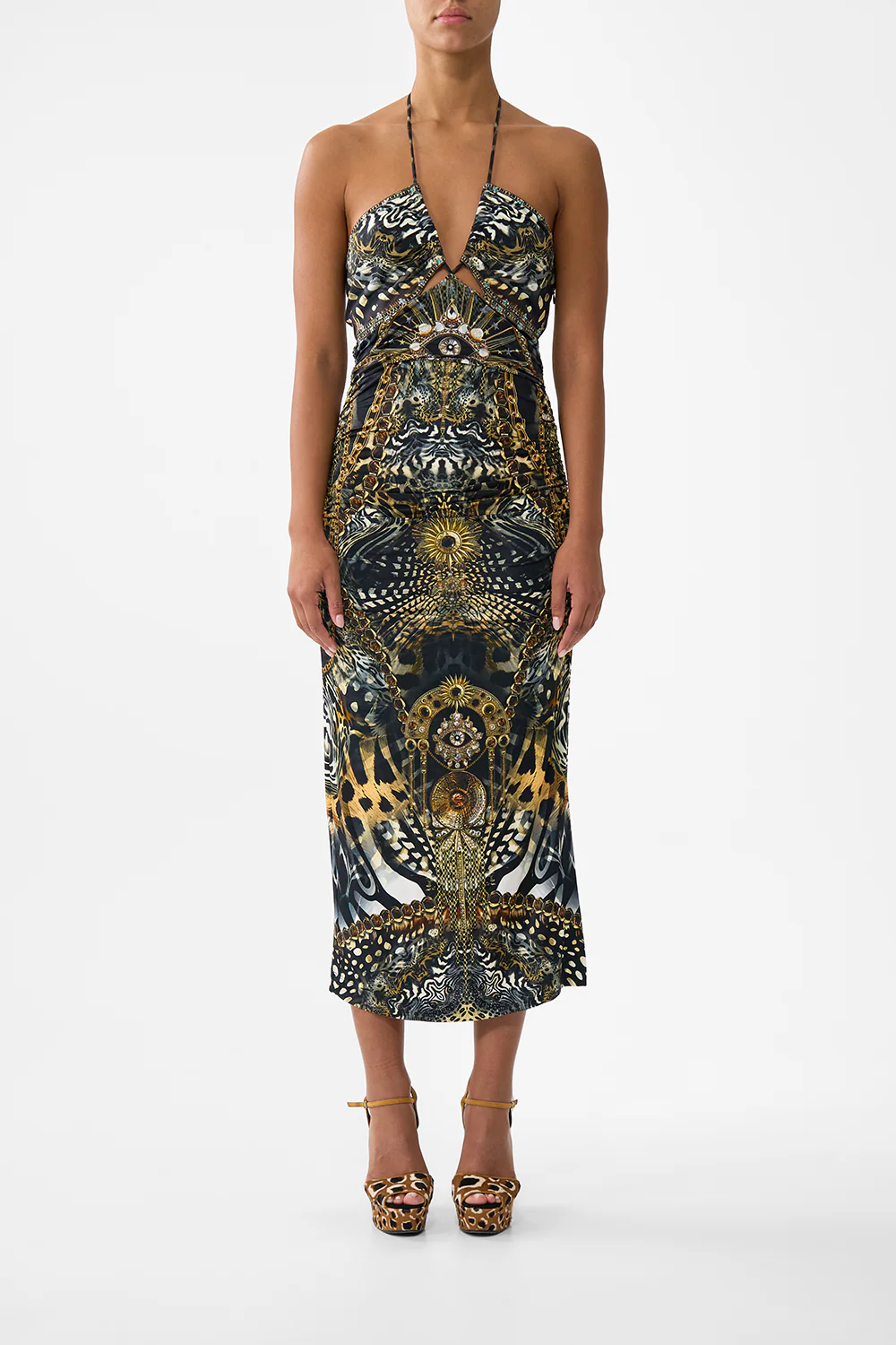 CUT OUT SLEEVELESS JERSEY HALTER NECK DRESS FELINE FOLKLORE