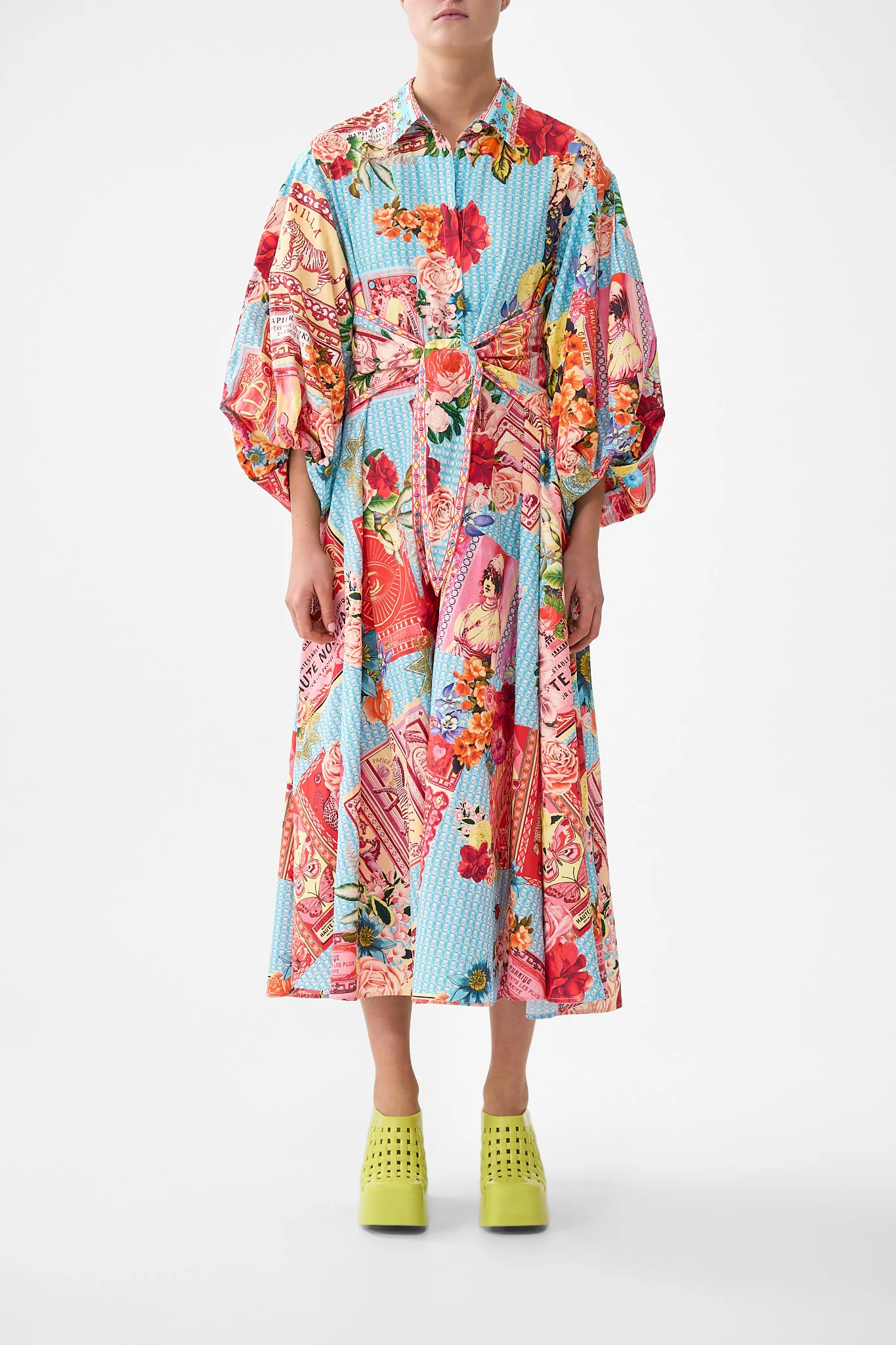 WAIST TIE SHIRT DRESS WITH BUBBLE SLEEVE PAPERS AND CURIOUS CAPERS