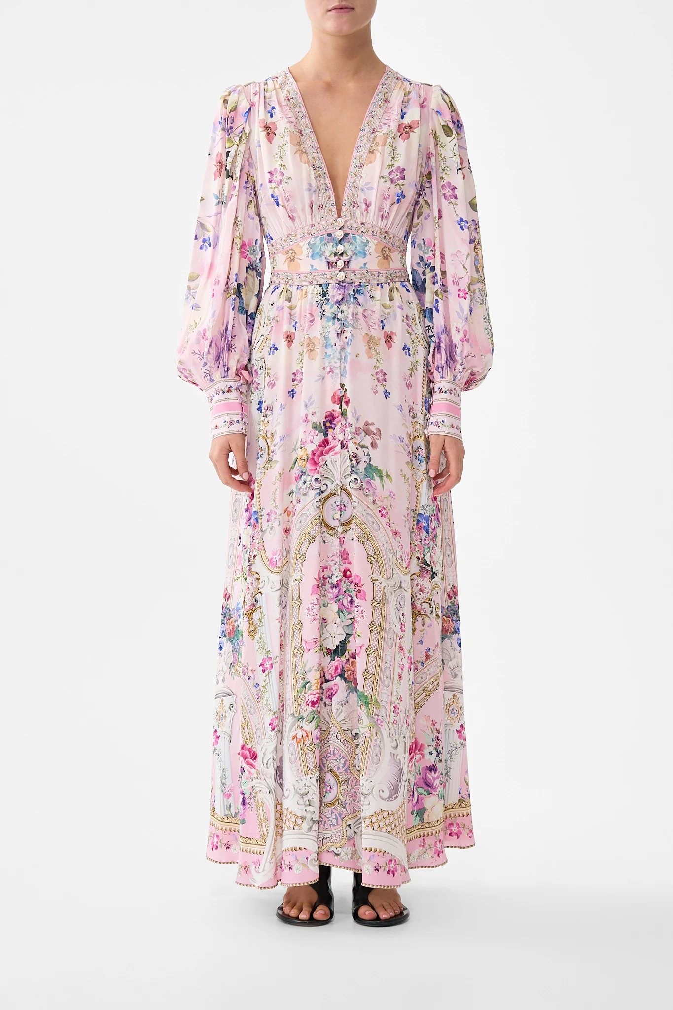 SHAPED WAISTBAND DRESS WITH GATHERED SLEEVES PALATIAL PASTELS