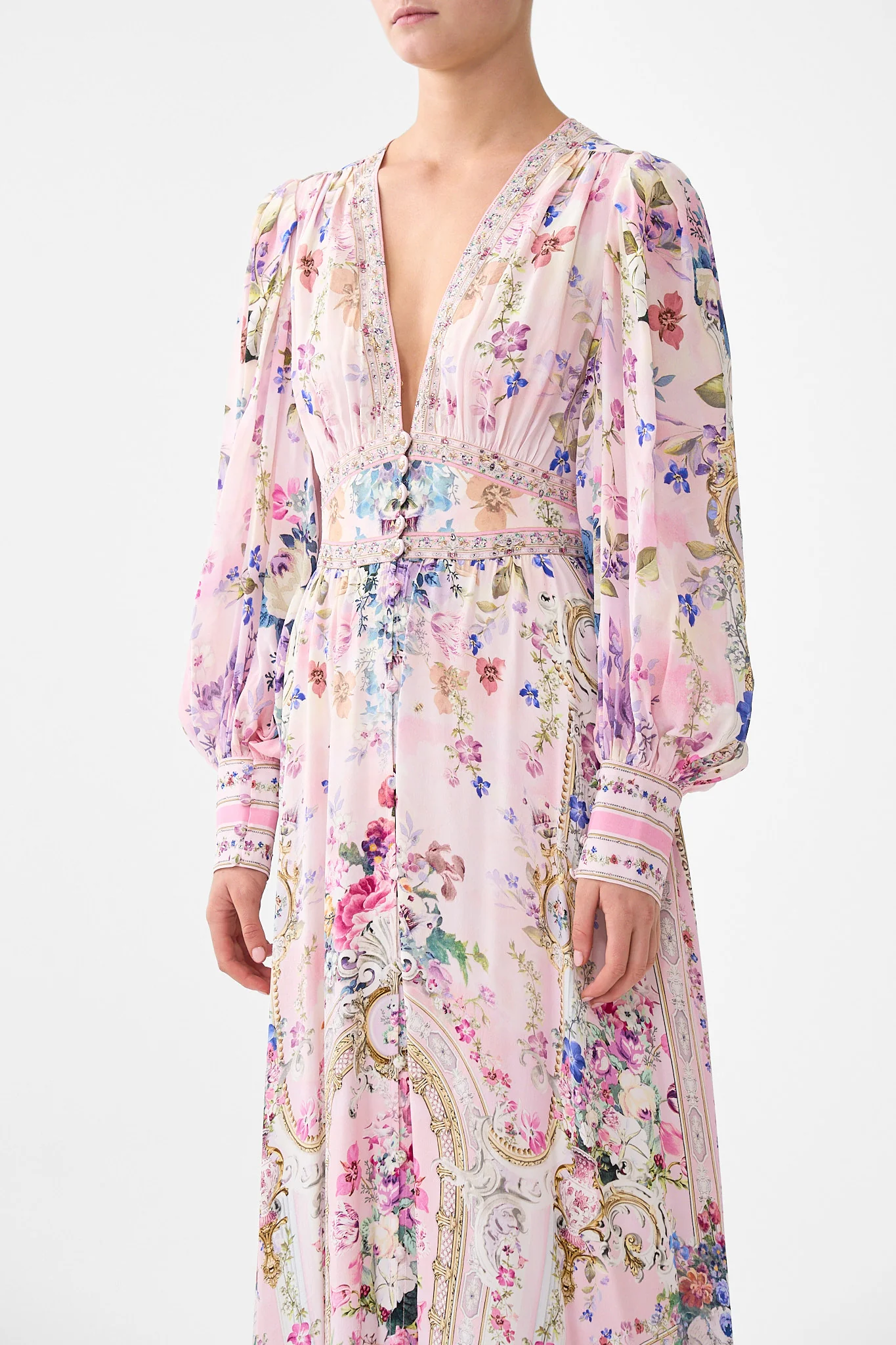 SHAPED WAISTBAND DRESS WITH GATHERED SLEEVES PALATIAL PASTELS - Image 5