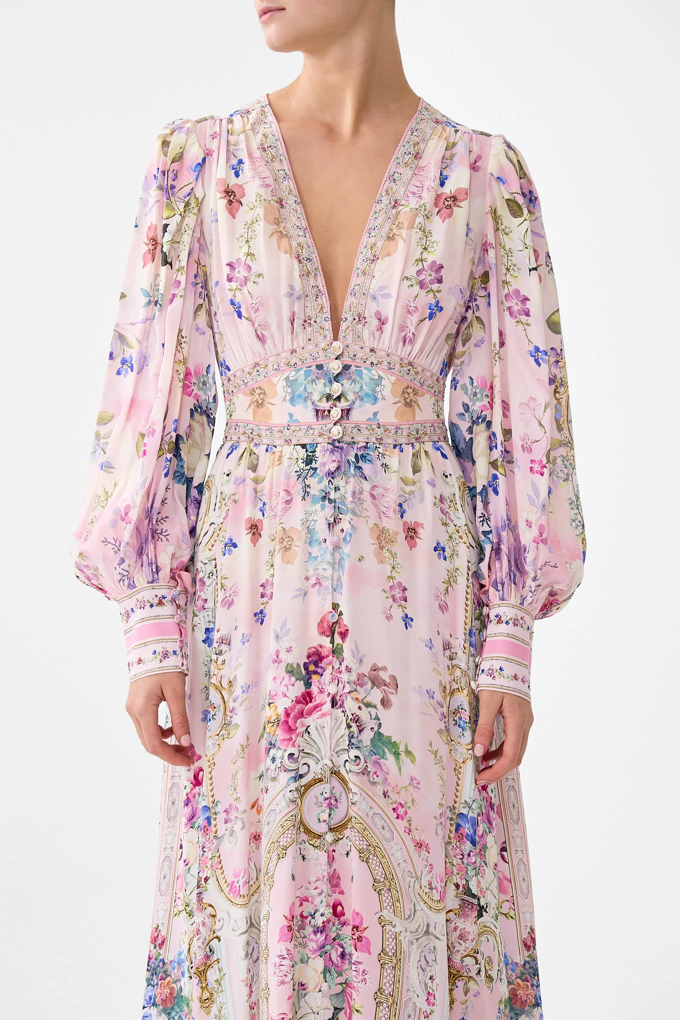 SHAPED WAISTBAND DRESS WITH GATHERED SLEEVES PALATIAL PASTELS - Image 6