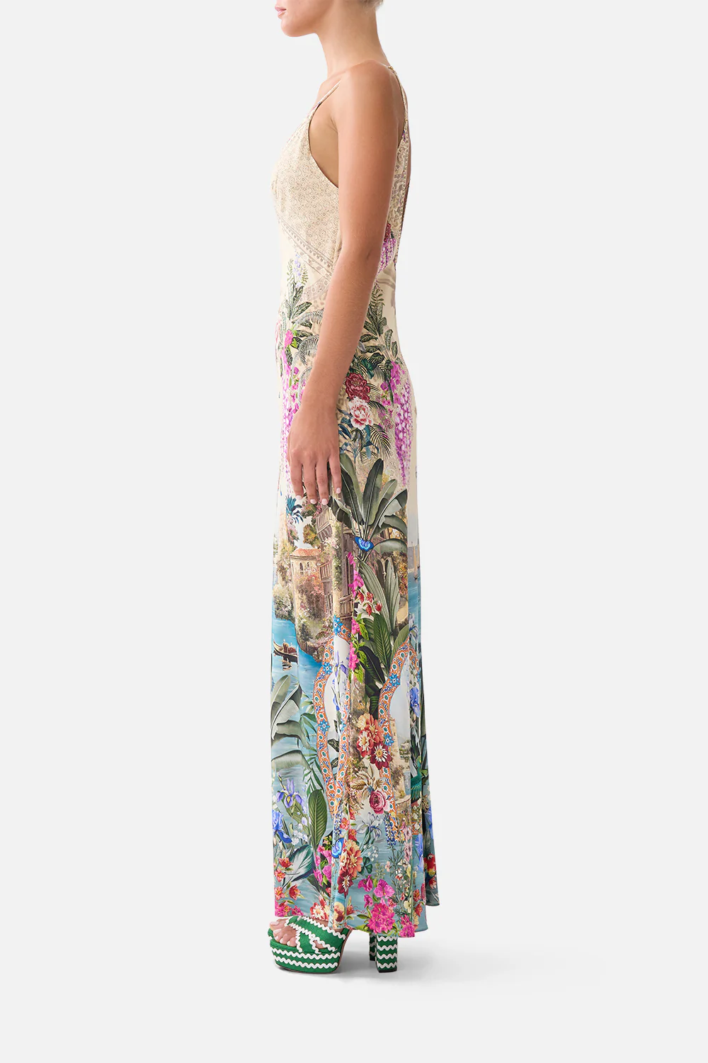 V-NECK FULL LENGTH BIAS SLIP DRESS BODRUM BOTANICALS - Image 4