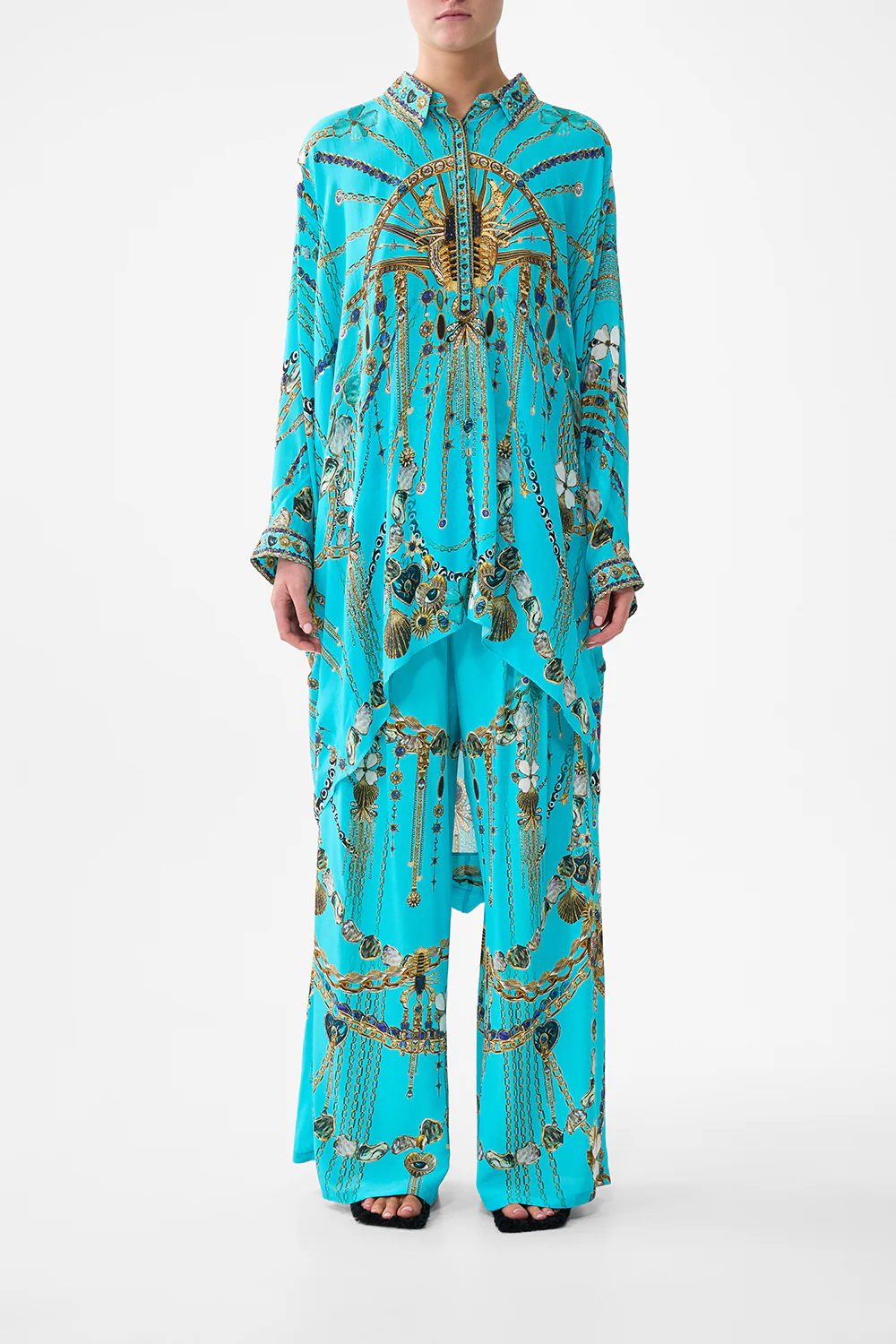 BUTTON UP TOP WITH DRAPED BACK TOTEMS AND TREASURES