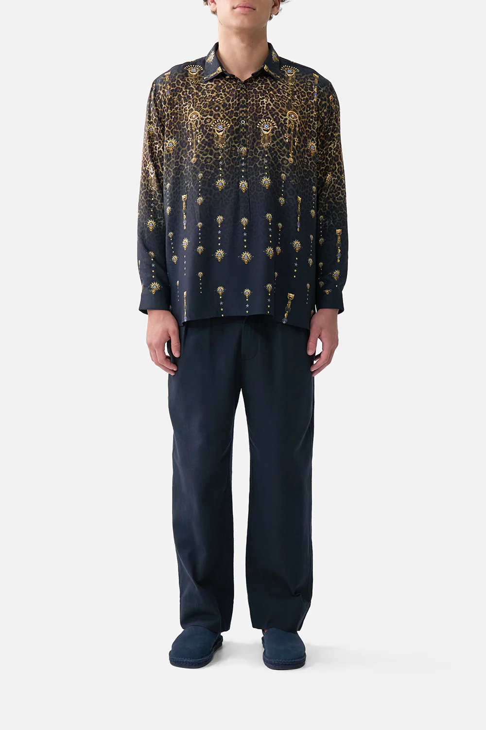 LONG SLEEVE HALF PLACKET TUNIC SHIRT FELINE FOLKLORE