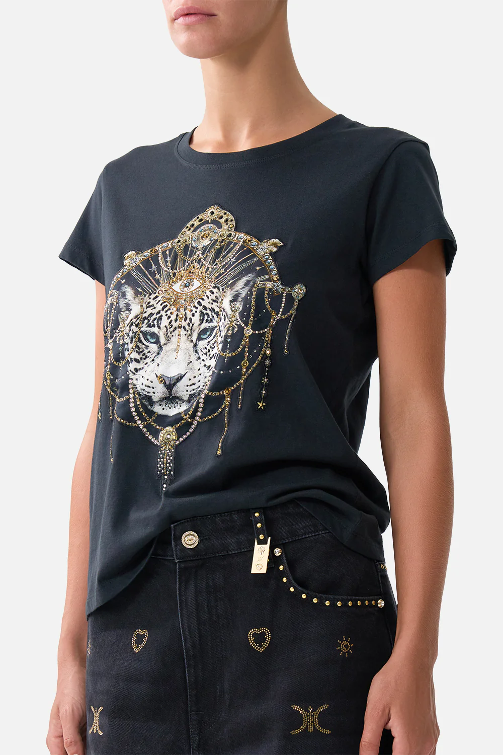 SLIM FIT ROUND NECK T-SHIRT - BLACK FELINE FOLKLORE - Image 4